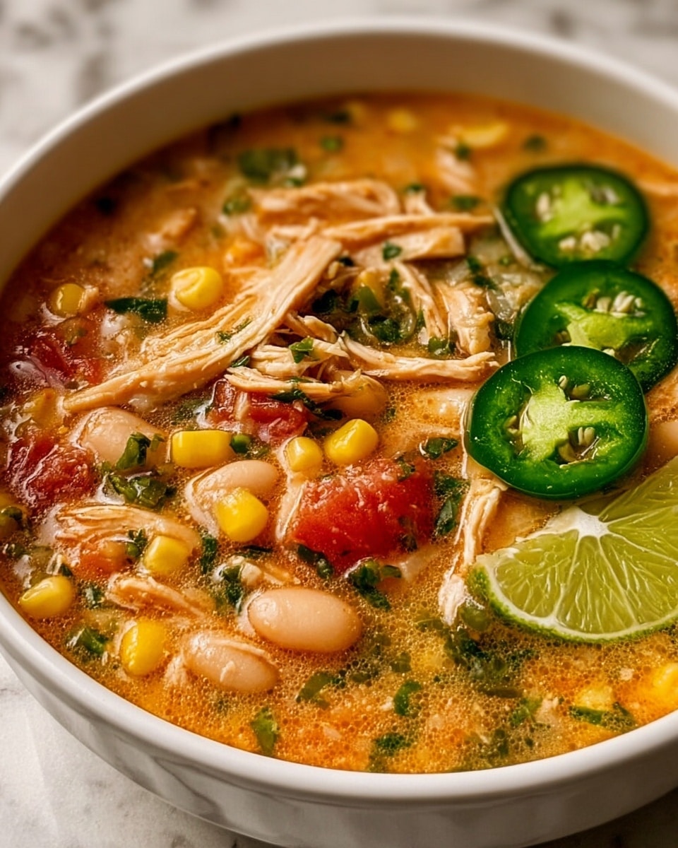 A close-up of a bowl of chicken soup filled with layers of shredded light brown chicken pieces, yellow corn kernels, red tomato chunks, white beans, and chopped green herbs all mixed in a light orange broth. On top, there are three bright green jalapeño slices and a wedge of lime resting on the side of the bowl. The bowl is white and placed on a white marbled surface. photo taken with an iphone --ar 4:5 --v 7