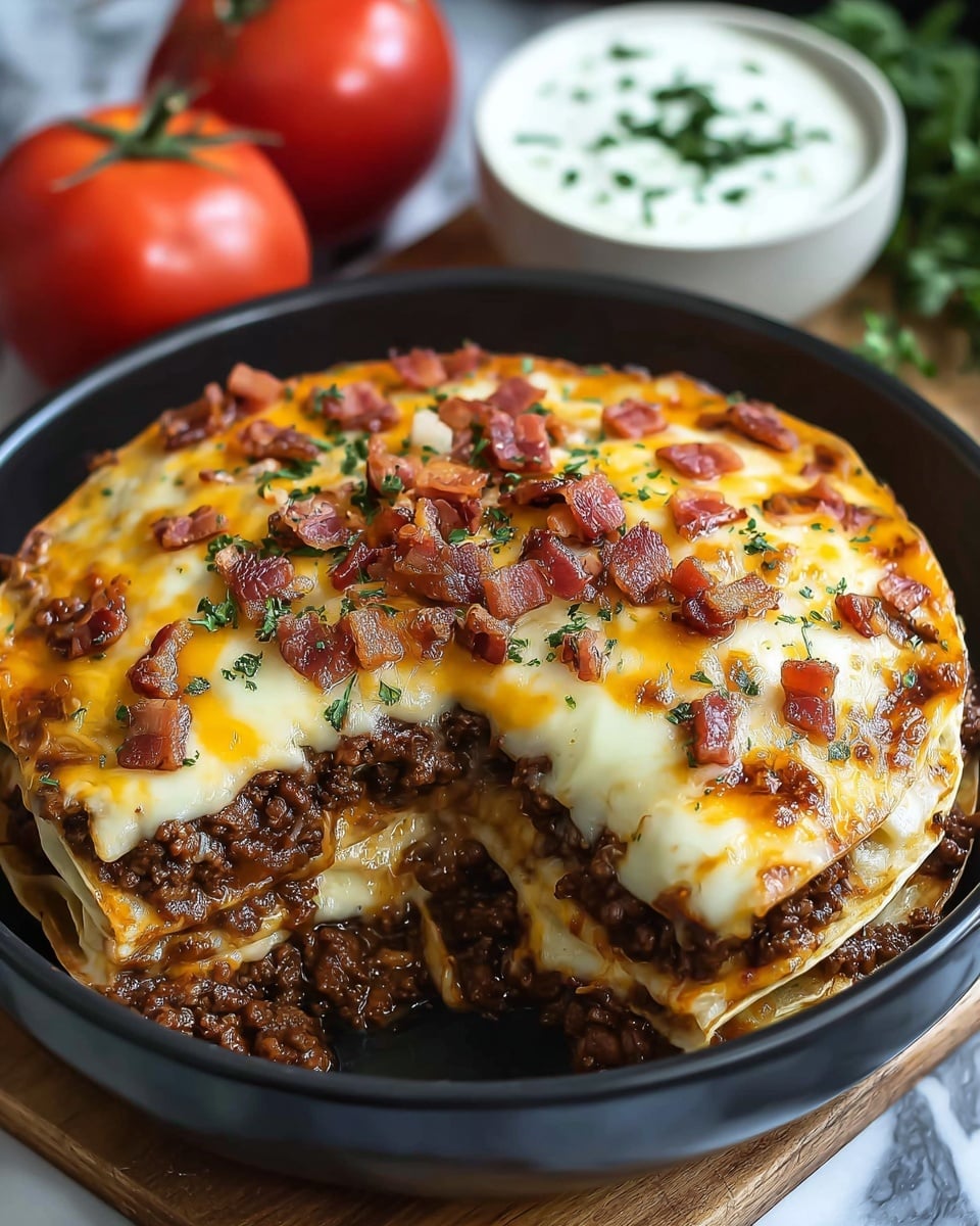 A layered dish in a round black bowl starting with a base of golden tortillas, topped with a thick layer of dark brown cooked ground meat, and finished with a bubbly, melted layer of golden yellow and white cheese sprinkled with small pieces of crispy bacon and green herbs. In the background, two red tomatoes and a small white bowl with creamy white sauce garnished with green herbs are visible, all on a white marbled surface. photo taken with an iphone --ar 4:5 --v 7
