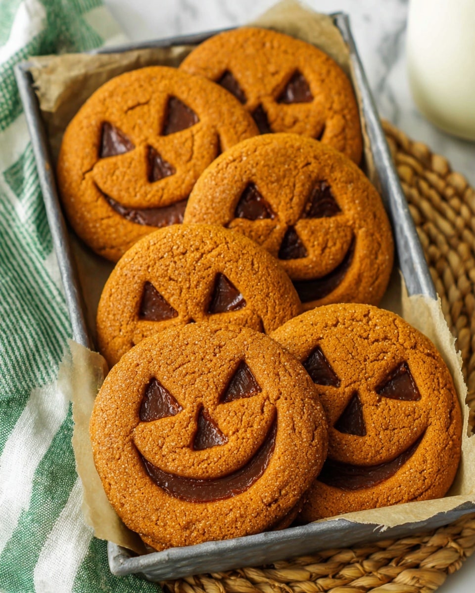 A gray metal tray holds six large pumpkin-shaped cookies with smiling jack-o'-lantern faces carved out, revealing a darker, sticky filling inside the eyes and mouth. The cookies are a warm orange-brown color with a slightly cracked texture, closely lined up in the tray, which is lined with light brown parchment paper. The tray sits on a woven straw mat with a green and white striped cloth partially visible on the side, all set against a white marbled surface. Photo taken with an iphone --ar 4:5 --v 7