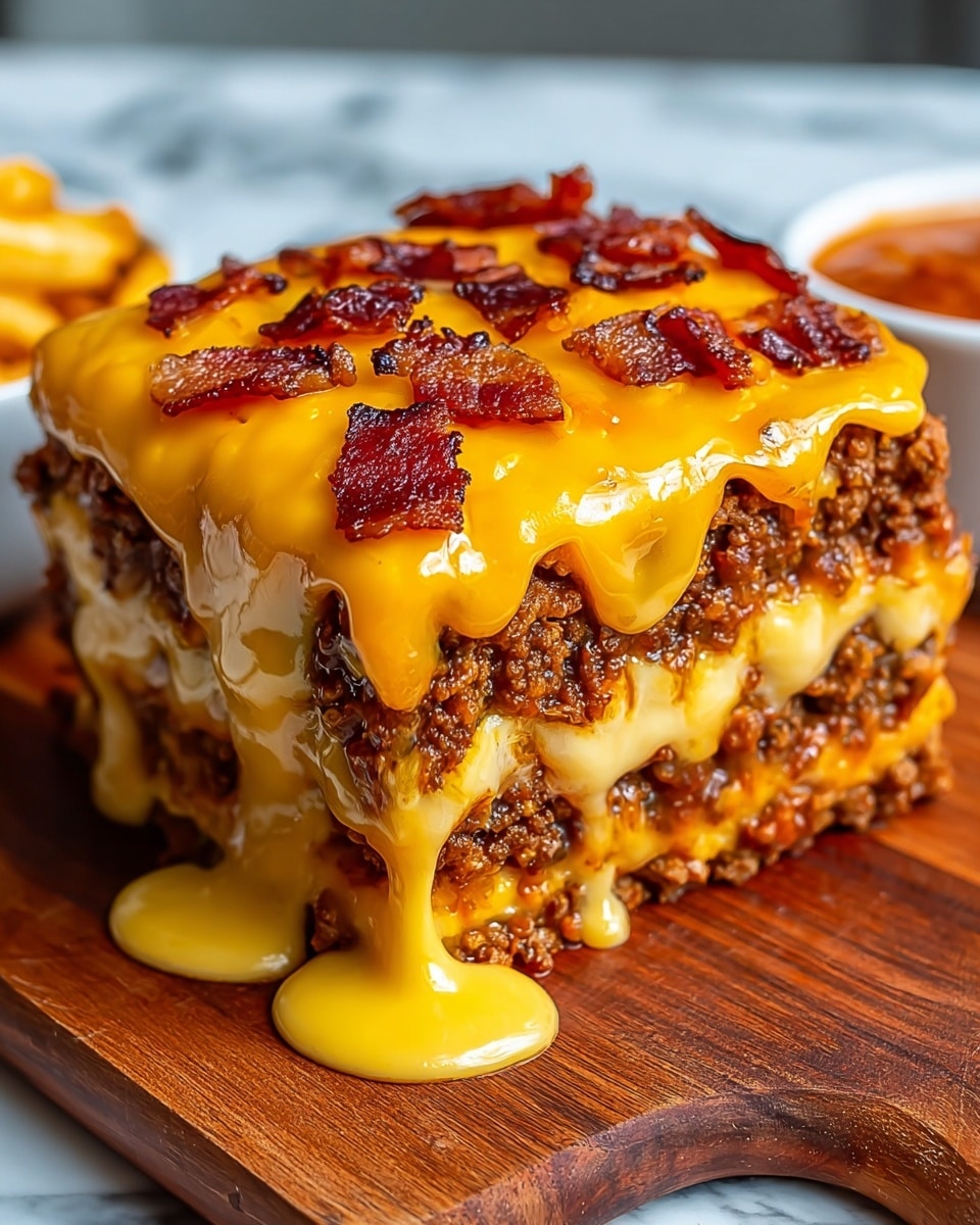 The image shows a thick square-shaped layered dish with four visible layers. The base and middle layers consist of cooked ground meat with a brown color and crumbly texture. Between and on top of the meat layers is a rich, bright yellow cheese sauce that drips down the sides in a smooth, glossy flow. The top layer is thickly covered in melted cheese sauce with several small, crispy pieces of dark reddish-brown bacon scattered on it. The dish sits directly on a wooden board, and the background has a white marbled surface. Photo taken with an iphone --ar 4:5 --v 7