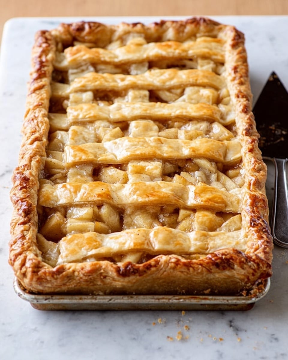 A golden brown rectangular pie with a flaky, crinkled top crust divided into three long rows is shown on a white marbled surface. The pie crust edges are slightly raised and thicker, enclosing the apple filling inside, which is visible through the cracks of the pastry. The filling is light brown with chunks of cooked apples, appearing soft and juicy. On the right side, a metal pie server is partially inserted under the crust, ready to lift a slice. The tray holding the pie is metal and fits snugly around the pie edges. Photo taken with an iphone --ar 4:5 --v 7