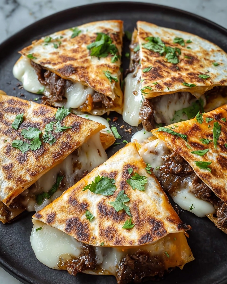 Four triangle-shaped quesadilla pieces are arranged on a black plate over a white marbled surface. Each quesadilla has two layers of slightly charred, golden-brown tortillas, filled with juicy cooked meat in a dark brown color and melted white cheese oozing out from the sides. Fresh green cilantro leaves are sprinkled on top and inside the quesadillas. The textures include the crispy outer tortilla, the gooey cheese, and the tender meat inside. Photo taken with an iphone --ar 4:5 --v 7