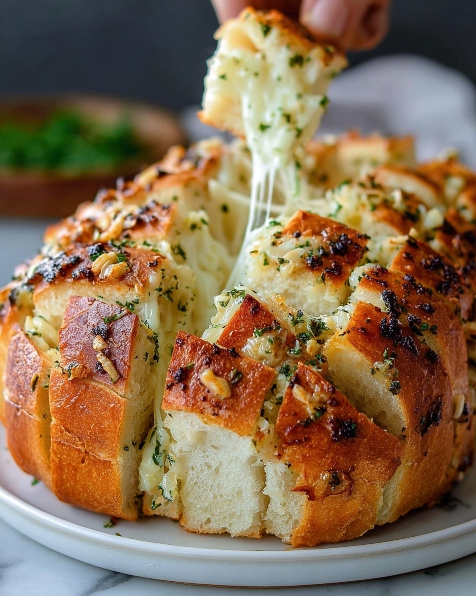 The image shows a loaf of garlic cheese pull-apart bread placed on a white plate on a white marbled surface. The bread is cut into multiple thick square sections, with melted white cheese stretching between the layers inside. The bread’s crust is golden brown with small dark toasted spots and sprinkled with chopped green herbs and bits of toasted garlic, adding texture and color. The inside of the bread looks soft and fluffy, contrasting with the crispy top. In the background, a woman's hand can be seen pulling one piece of bread apart, highlighting the gooey cheese. Photo taken with an iphone --ar 4:5 --v 7