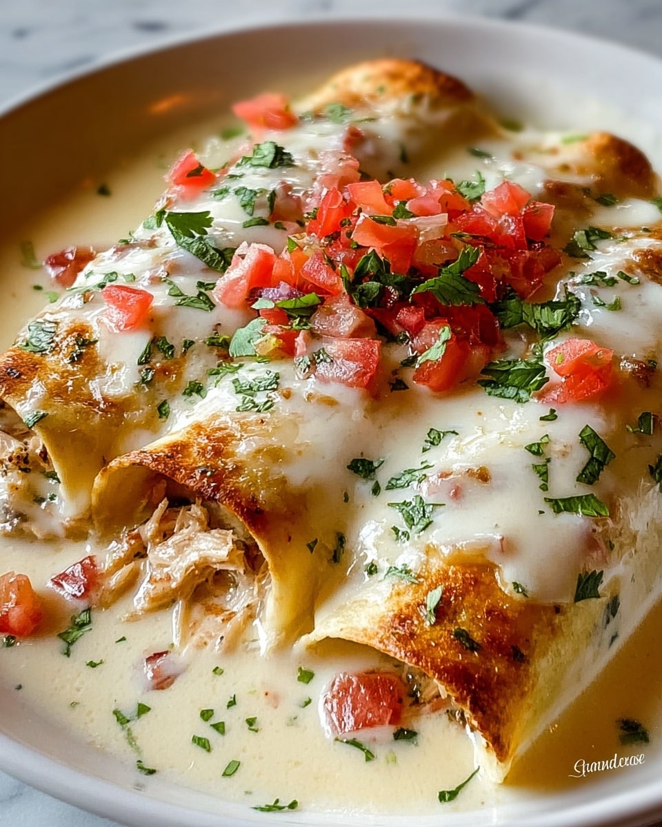 Two rolled crepes with a light golden-brown crust lie side by side on a white plate filled with creamy white sauce that covers most of the crepes and pools around the base. The crepes are topped with small, chunky red tomato pieces and chopped dark green herbs scattered evenly across the surface, adding contrast and freshness. The texture of the sauce is smooth and glossy, with hints of melted cheese blending into the creamy layer, while the crepes show faint grill marks on the edges. The background has a white marbled texture that softly reflects light, enhancing the dish’s rich and vibrant colors. Photo taken with an iphone --ar 4:5 --v 7
