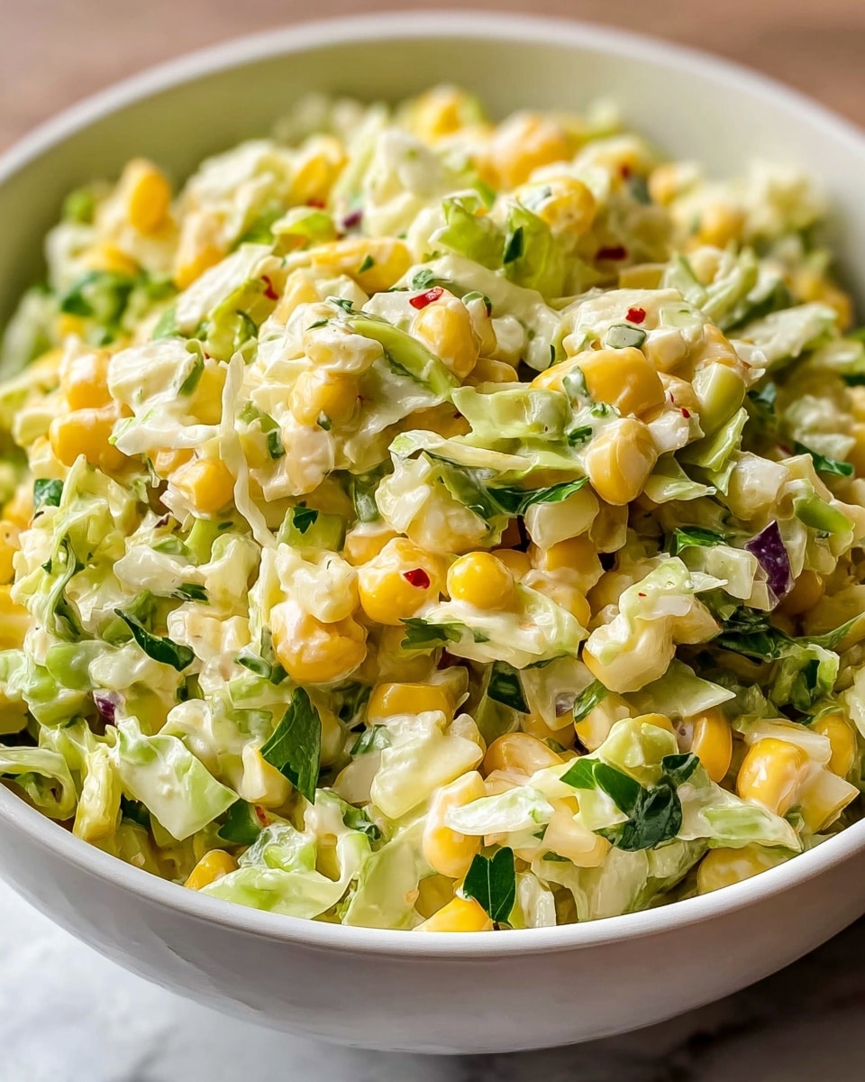 A close-up of a white bowl filled with creamy salad made of small yellow corn kernels, shredded pale green cabbage, and fresh green leafy herbs mixed evenly throughout. The textures look soft and chunky with a light creamy dressing binding the ingredients together. There is some hint of red in tiny bits, adding a bit of color contrast, all sitting on a white marbled surface. photo taken with an iphone --ar 4:5 --v 7