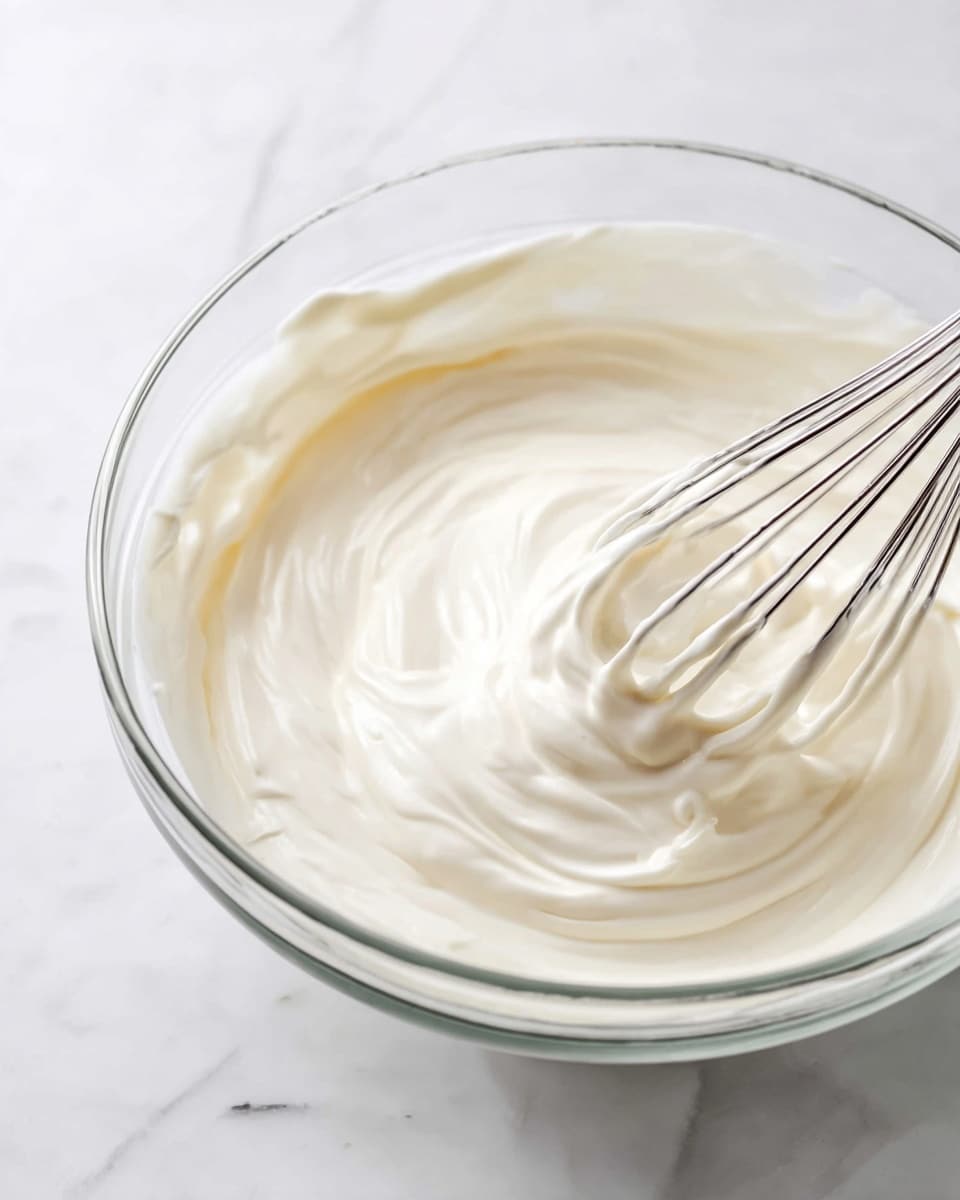 A clear glass bowl filled with a smooth, creamy white mixture, likely whipped cream or frosting, with soft texture and gentle swirls on the surface. A silver whisk covered in the same creamy mixture is partially immersed in the bowl on the right side, showing thick, silky consistency. The bowl is placed on a white marbled surface, giving a clean and bright look. photo taken with an iphone --ar 4:5 --v 7