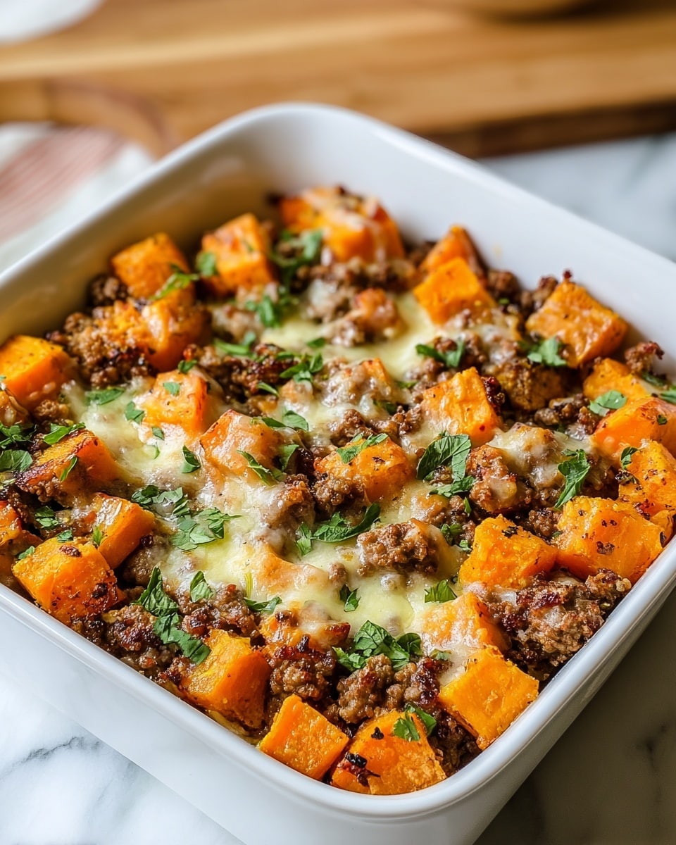 A white square baking dish filled with a layered casserole featuring large, bright orange cubes of roasted sweet potatoes evenly spread across the base and top, mixed with browned, crumbly ground meat pieces scattered throughout. On top, melted cheese covers parts of the meat and sweet potatoes, showing a creamy, golden color with some lightly browned spots, adding a glossy texture. Fresh, chopped green herbs are sprinkled on the dish, adding a touch of vibrant green contrast. The casserole is resting on a white marbled surface, with a blurred wooden cutting board in the background. Photo taken with an iphone --ar 4:5 --v 7