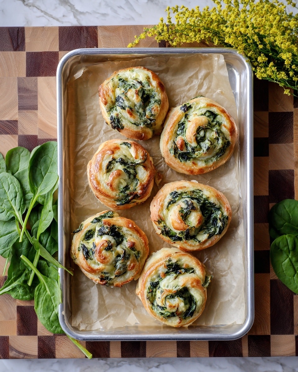 Six spiral-shaped pastries rest on light brown parchment paper inside a silver metal tray. Each pastry shows a twisted pattern of golden-brown baked dough mixed with a green leafy filling, likely spinach, giving a marbled look of green and light cream. The pastries have a shiny, slightly crisp outer crust with soft layers visible inside. Around the tray, fresh green spinach leaves lie on a white marbled surface to the top left, while a bunch of small yellow flowers spills in from the top right corner. The tray is centered on a checkered wooden board with light and dark squares. Photo taken with an iphone --ar 4:5 --v 7