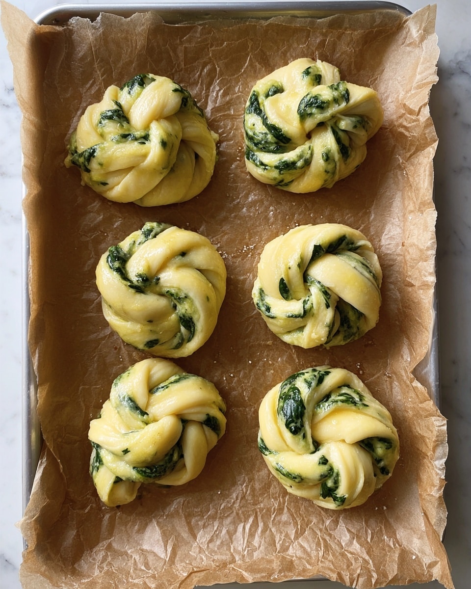 Six pieces of twisted dough with green leafy filling are placed on crinkled brown parchment paper on a metal tray. Each dough piece has multiple layers, showing shiny light yellow dough mixed with dark green spinach or herb filling, twisted and knotted into round shapes. The dough looks soft and glossy with a brushed coating, and some small bits of filling peek out from inside the folds. The tray and parchment rest on a white marbled surface. photo taken with an iphone --ar 4:5 --v 7
