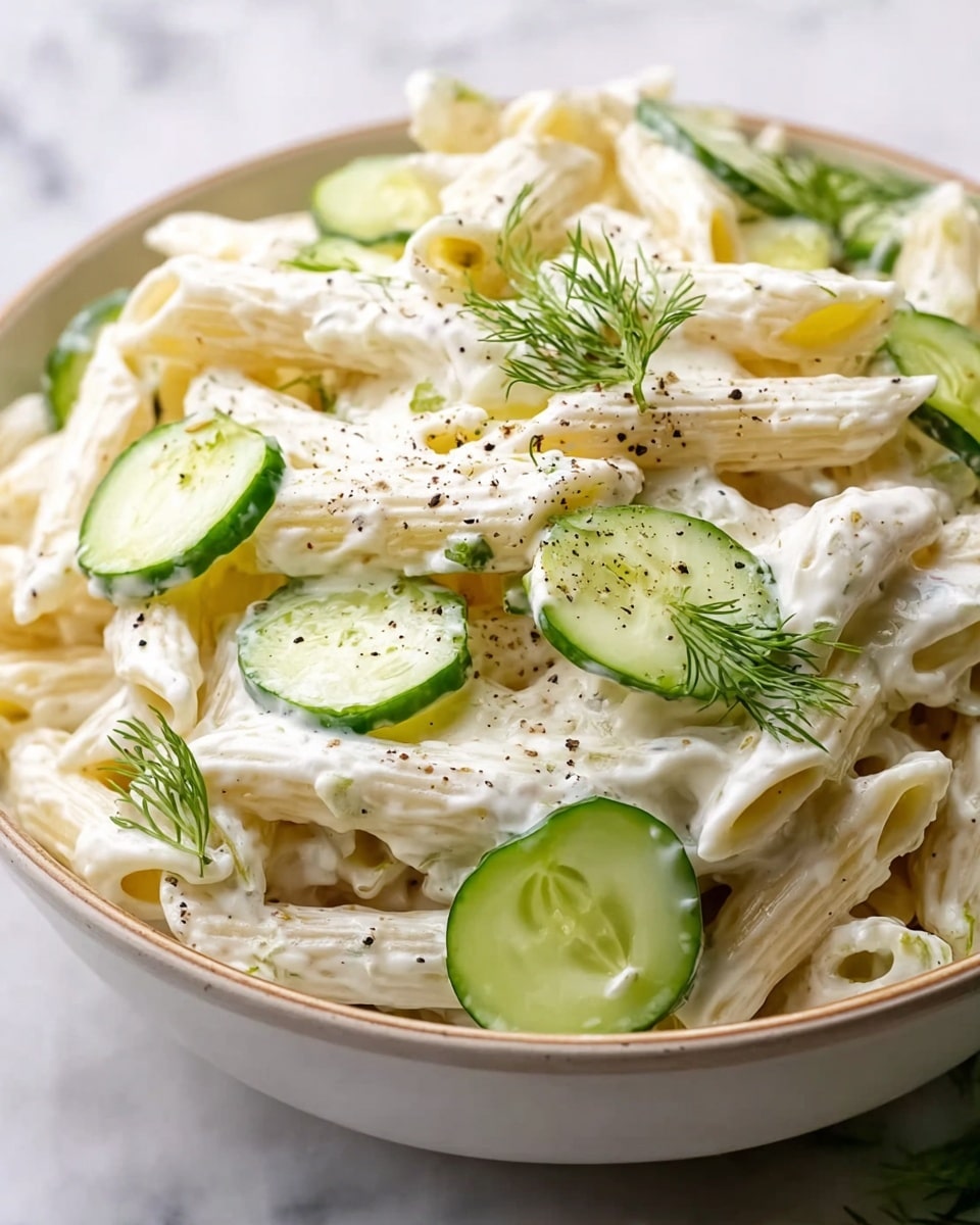 The image shows a close-up of a creamy pasta salad in a white bowl, filled with layers of light beige penne pasta covered in a white creamy sauce. Mixed in are thin slices of green cucumber and white onion, both adding texture and freshness. A sprig of fresh, green dill sits on top, adding a vibrant color contrast to the soft, creamy pasta. Small black pepper specks are sprinkled throughout for a slight touch of seasoning. The bowl is placed on a white marbled surface. photo taken with an iphone --ar 4:5 --v 7