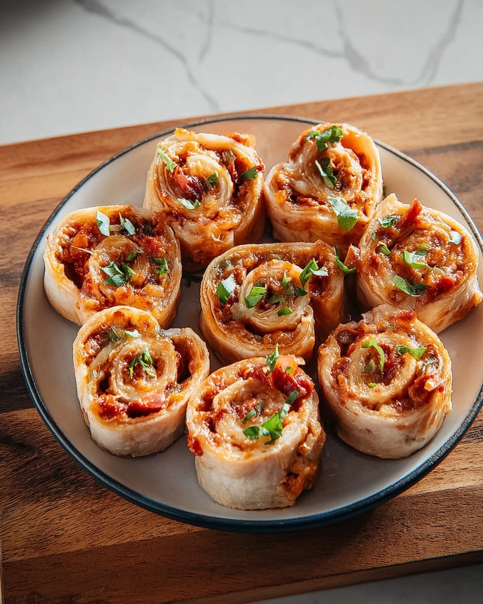 A round white plate holds eleven spiral roll pieces arranged close together. Each roll has three visible layers: a soft outer light beige wrap, a middle layer with a reddish sauce, and an inner layer with melted cheese that looks golden-brown and slightly crispy. Small green herb leaves are scattered on top of each roll, adding a fresh contrast. The plate is placed on a wooden board, and the setting has a white marbled surface background. photo taken with an iphone --ar 4:5 --v 7