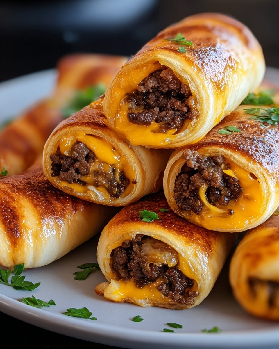 The image shows several golden-brown rolls with a crispy, slightly shiny outer shell, each filled with visible layers of dark brown cooked ground beef and melted bright yellow cheese inside. These rolls are stacked close together with small green herb pieces scattered around them on a white plate, which rests on a white marbled surface. The close-up view highlights textured, juicy meat and gooey cheese peeking out from the ends of the rolls. photo taken with an iphone --ar 4:5 --v 7