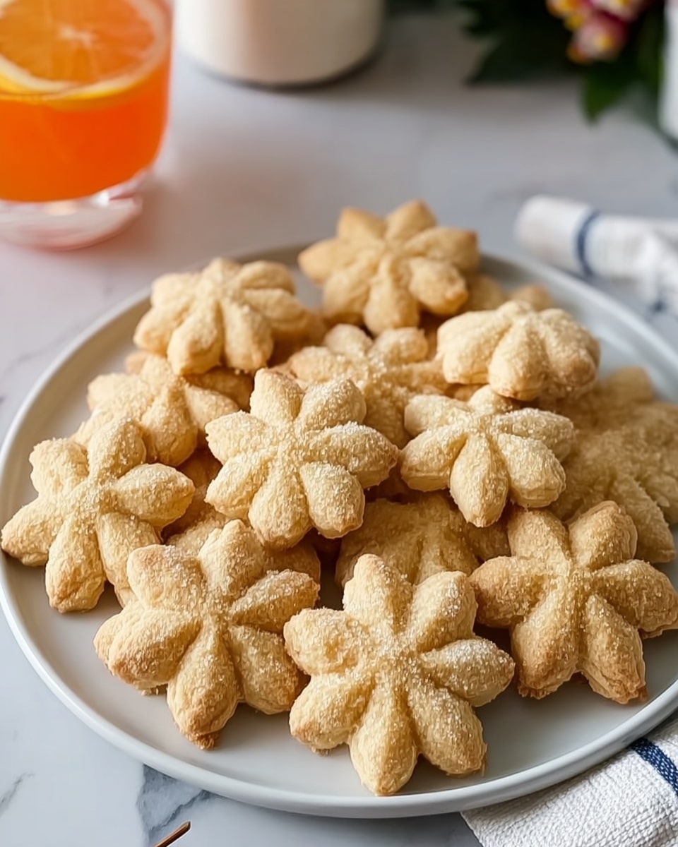 The image shows a white round plate placed on a white marbled surface, filled with small flower-shaped cookies arranged neatly. Each cookie has six thick, golden-brown petals with slightly rough texture and visible granules on the surface, suggesting a crumbly consistency. The cookies are spaced evenly, covering most of the plate, creating a pattern of warm beige tones against the clean, light background. In the background, there is a glass with amber liquid and some holiday decorations partially visible, enhancing the cozy feel of the scene. photo taken with an iphone --ar 4:5 --v 7