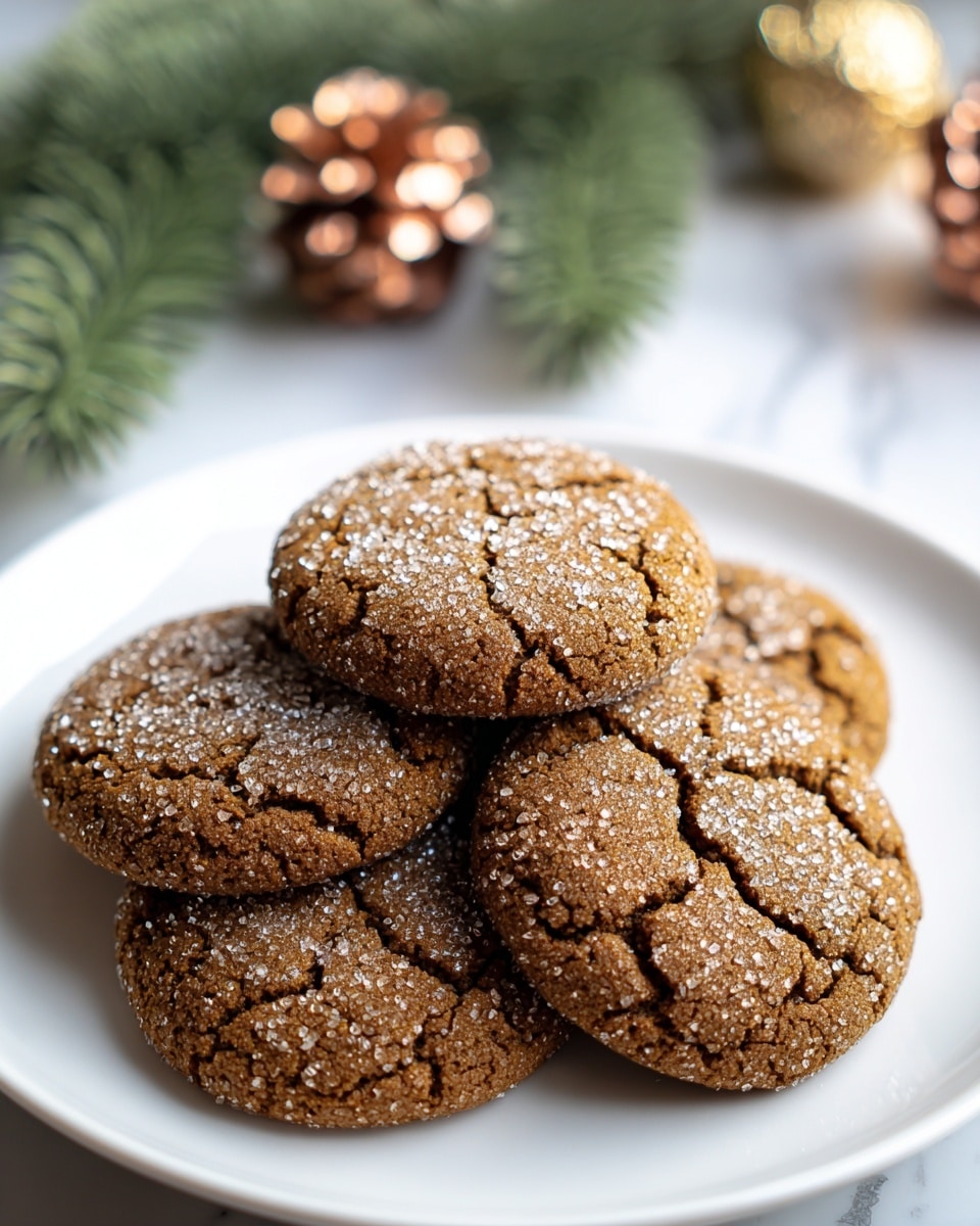 A white plate holds five round brown cookies with crackled tops, sprinkled with fine white sugar, arranged with three on the bottom and two layered on top in the center. The plate is set on a white marbled surface. In the background, out of focus, there are some green pine branches and copper-colored pine cones, adding a festive feel. The lighting is soft and natural, highlighting the texture and sugar sparkle on the cookies. photo taken with an iphone --ar 4:5 --v 7
