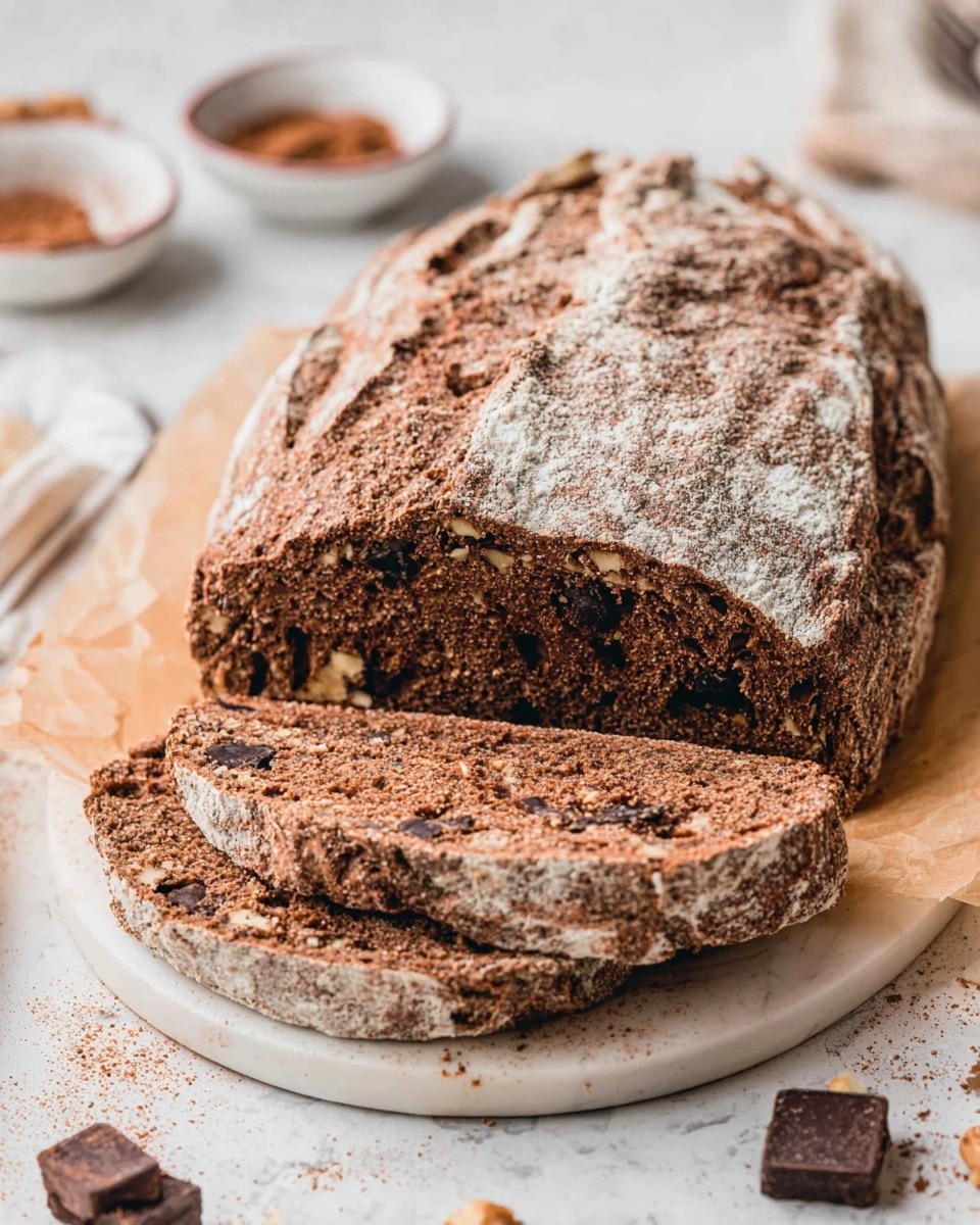 A round loaf of bread with a rough, cracked crust and a swirl pattern on top in shades of brown and dusted lightly with flour. The bread shows dark chocolate chunks inside, visible through cracks on the surface. Around the loaf on a light beige paper are a white bowl filled with small dark chocolate cubes, a white cup with cocoa powder and a metal sifter resting on it, a knife with a wooden handle on a checkered cloth, and more chocolate pieces scattered nearby. The table beneath has a white marbled texture. photo taken with an iphone --ar 4:5 --v 7