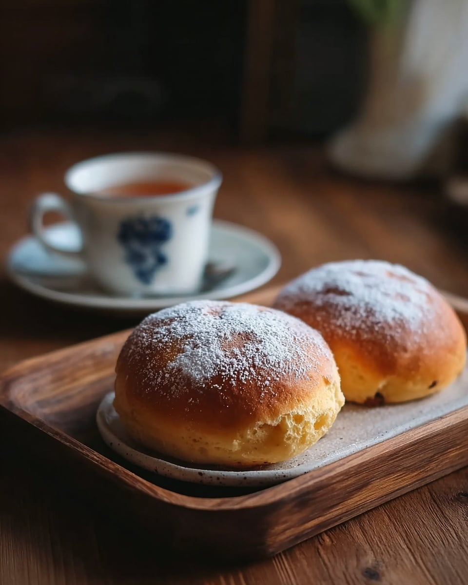 Four small muffins with a golden brown top and light yellow base are arranged on a wooden tray, each dusted with a light layer of white powdered sugar. On the same tray, there is a cup with a dark detailed pattern filled with a warm brown liquid, likely tea. The setting is on a wooden table near a window, but the surface is changed to a white marbled texture in this view. The light softly highlights the texture of the muffins and the ceramic cup. Photo taken with an iphone --ar 4:5 --v 7