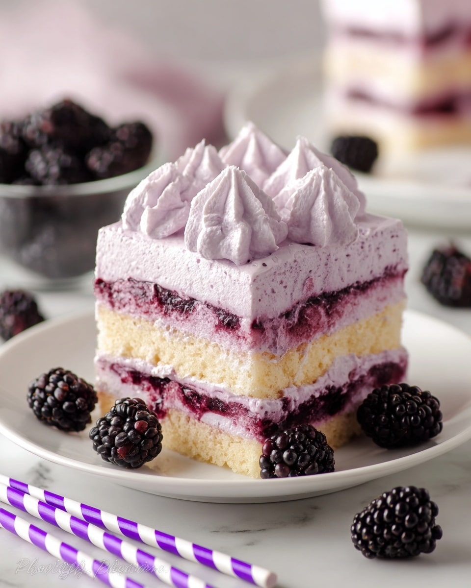A square piece of layered dessert sits on a white plate resting on a white marbled surface. It has two visible layers of light yellow sponge cake soaked with deep purple blackberry syrup, separated and topped by thick, light purple whipped cream layers. The top has five fluffy dollops of the same light purple whipped cream neatly placed. Fresh blackberries surround the plate, adding a dark contrast, and two purple and white striped paper straws lie diagonally in the foreground. The overall look is soft and creamy with a fresh berry touch. Photo taken with an iphone --ar 4:5 --v 7