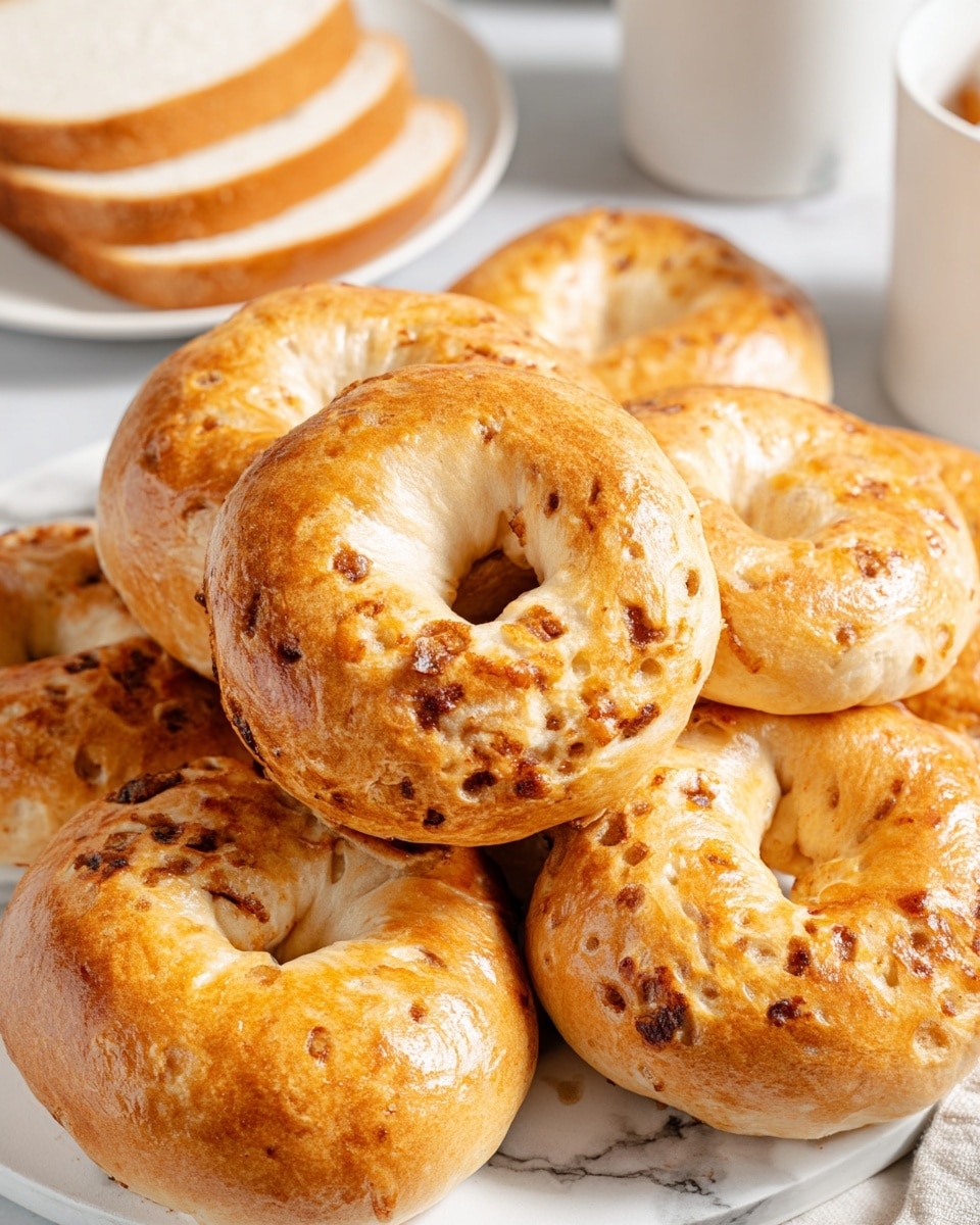 A pile of seven golden brown bagels with a glossy, slightly uneven surface showing bits of cinnamon inside, all resting closely together on a white marbled texture. Each bagel has a smooth, shiny crust with irregular small bumps and spots of darker brown where the cinnamon has caramelized. In the background, there is a white plate with several slices of soft white bread stacked together, and a white cup partially visible. The scene is bright and clean with natural light highlighting the bagels’ texture and warm color. photo taken with an iphone --ar 4:5 --v 7
