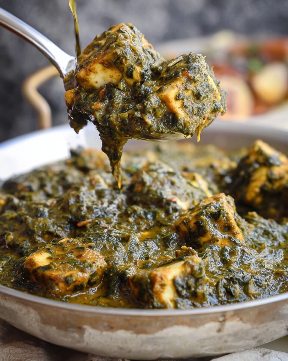A close-up view of a thick, greenish curry dish with visible chunks of golden-brown paneer cheese, covered in a textured sauce made from finely chopped spinach and spices. The curry fills a round, white metal bowl, showing a rich mix of creamy and leafy textures with a few drops of sauce dripping from a spoon lifted above the bowl. The background features a white marbled texture with blurred elements and a woman's hand holding the spoon. photo taken with an iphone --ar 4:5 --v 7