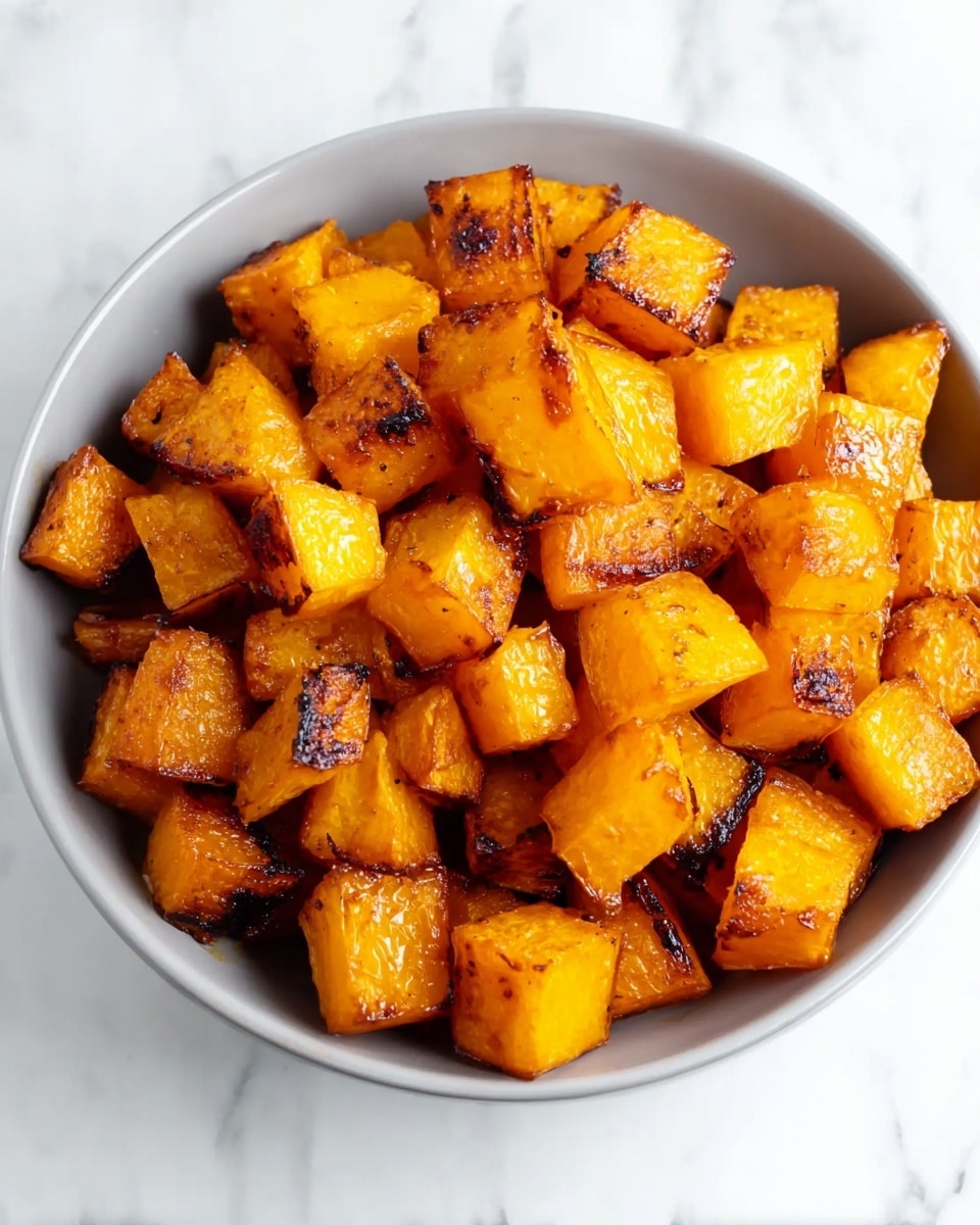 A black bowl filled with golden brown, roasted cubed butternut squash, each piece showing a mix of smooth, soft orange-yellow surfaces and crispy, slightly charred edges, sitting on a white marbled textured surface. The cubes are evenly cut, piled up to the rim, with a warm, inviting color and a slightly glistening texture indicating they are well cooked and seasoned. Photo taken with an iphone --ar 4:5 --v 7