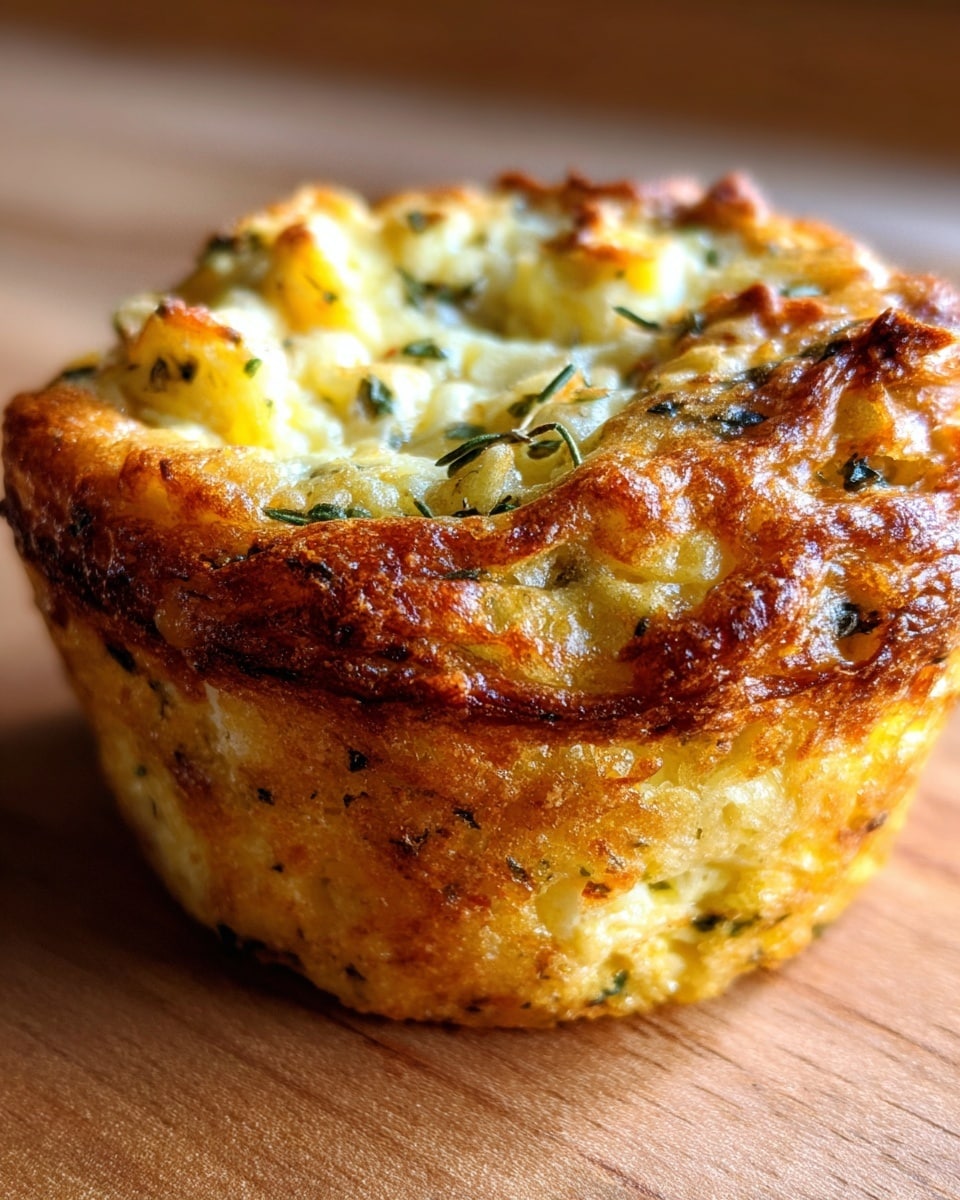 A close-up view of a savory muffin with two clear layers: the bottom layer is golden brown, textured, and slightly rough like a baked crust, while the top layer is light cream with visible bits of herbs and yellow cheese chunks, slightly uneven and soft looking. The muffin sits on a wooden surface. Photo taken with an iphone --ar 4:5 --v 7