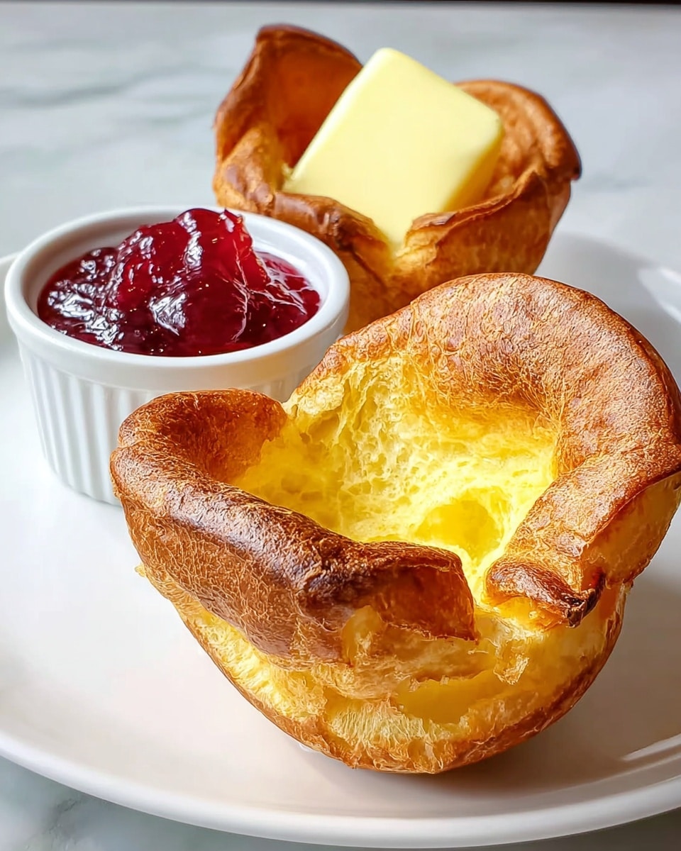Two golden brown Yorkshire puddings with puffed and airy texture sit on a white plate with a slightly browned crust at the bottom and soft, light yellow inside layers. Behind them is a small white ramekin filled with deep red, glossy strawberry jam that has a smooth texture. Next to the jam is a Yorkshire pudding holding a pale yellow square of butter on top. The plate rests on a white marbled surface. photo taken with an iphone --ar 4:5 --v 7