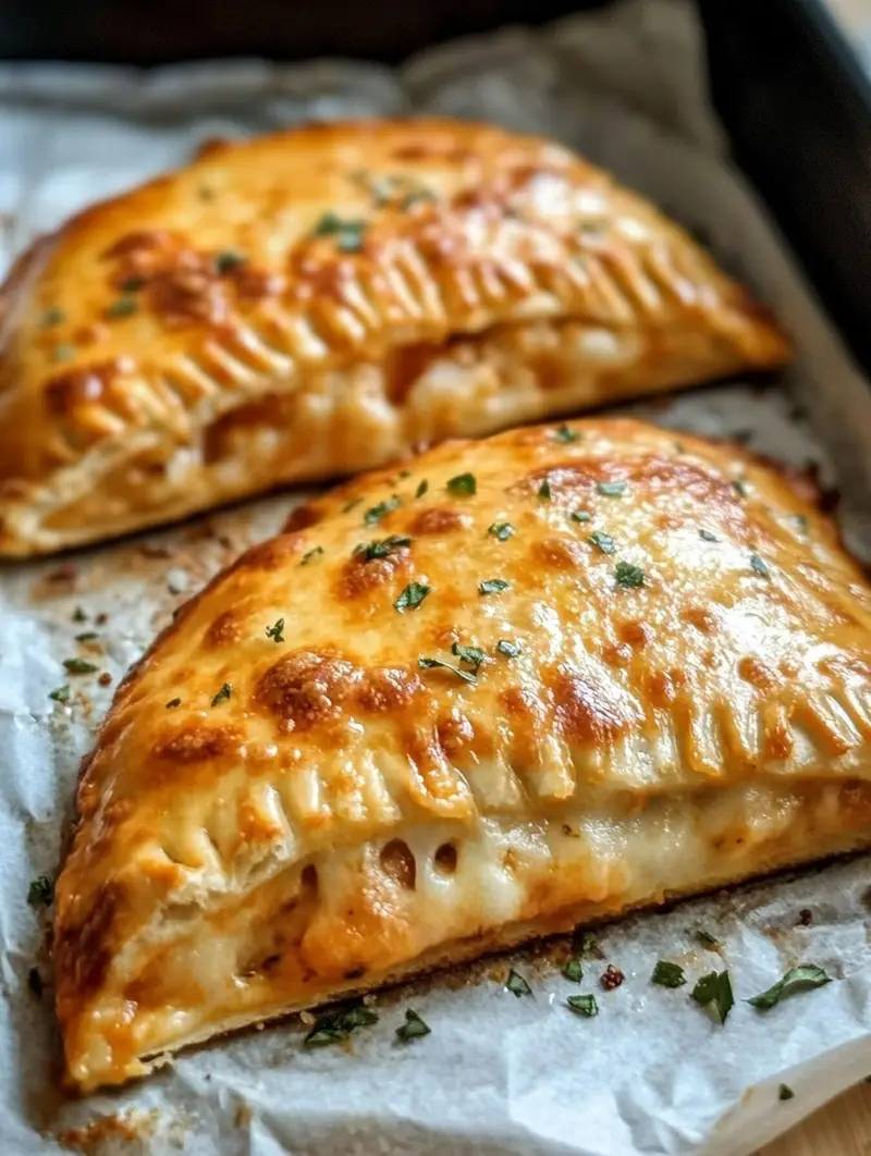 Two golden-brown baked calzones sit on white parchment paper, which lines a baking tray. Each calzone shows a thick crust with a shiny, slightly bubbly cheesy top layer dotted with small browned spots and sprinkled with green herbs. The edges have a crimped texture, sealing the cheese and filling inside, and some melted cheese is visible where the crust slightly opened. The scene is set on a white marbled surface. photo taken with an iphone --ar 4:5 --v 7