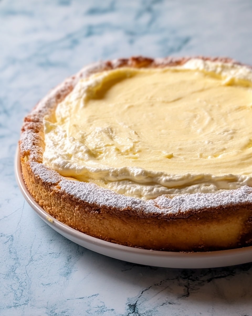 A round cake with two visible layers sits on a white plate against a white marbled texture. The bottom layer is a golden-brown crust, thick and slightly crumbly, with a dusting of powdered sugar along the edges. The top layer is a smooth, creamy filling in pale yellow, with some gentle swirls and soft texture. The edges of the filling touch the crust unevenly, giving it a homemade look. Photo taken with an iphone --ar 4:5 --v 7