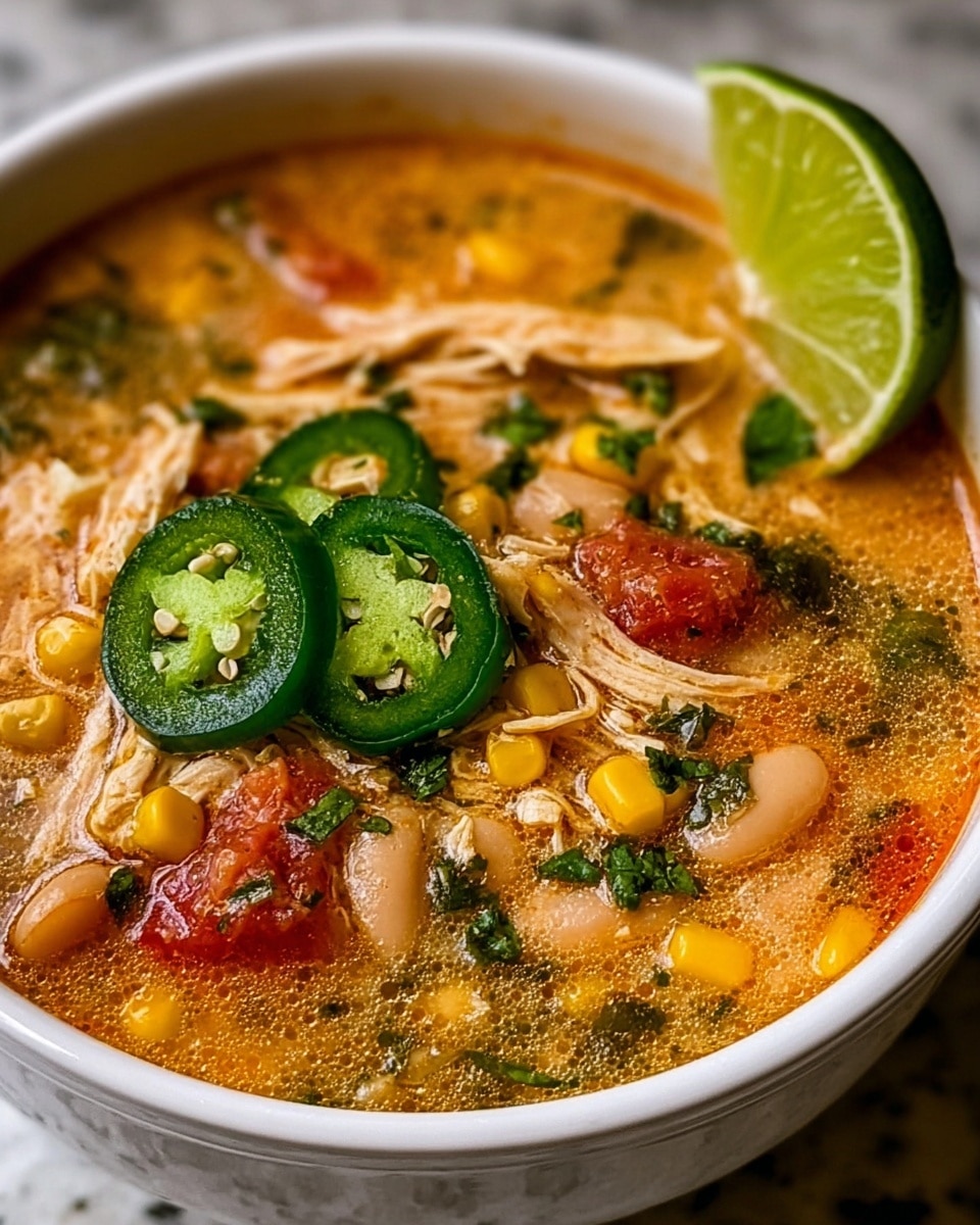 A close-up view of a bowl filled with thick, rich chicken soup with a slightly orange broth. The soup has shredded light brown chicken pieces, bright yellow corn kernels, red tomato chunks, dark green herbs, white beans, and green sliced jalapeño rings on top, with a green half lime wedge placed on the rim of the white bowl. The surface is slightly bubbly and oily, showing the mix of ingredients, all resting on a white marbled texture. Photo taken with an iphone --ar 4:5 --v 7