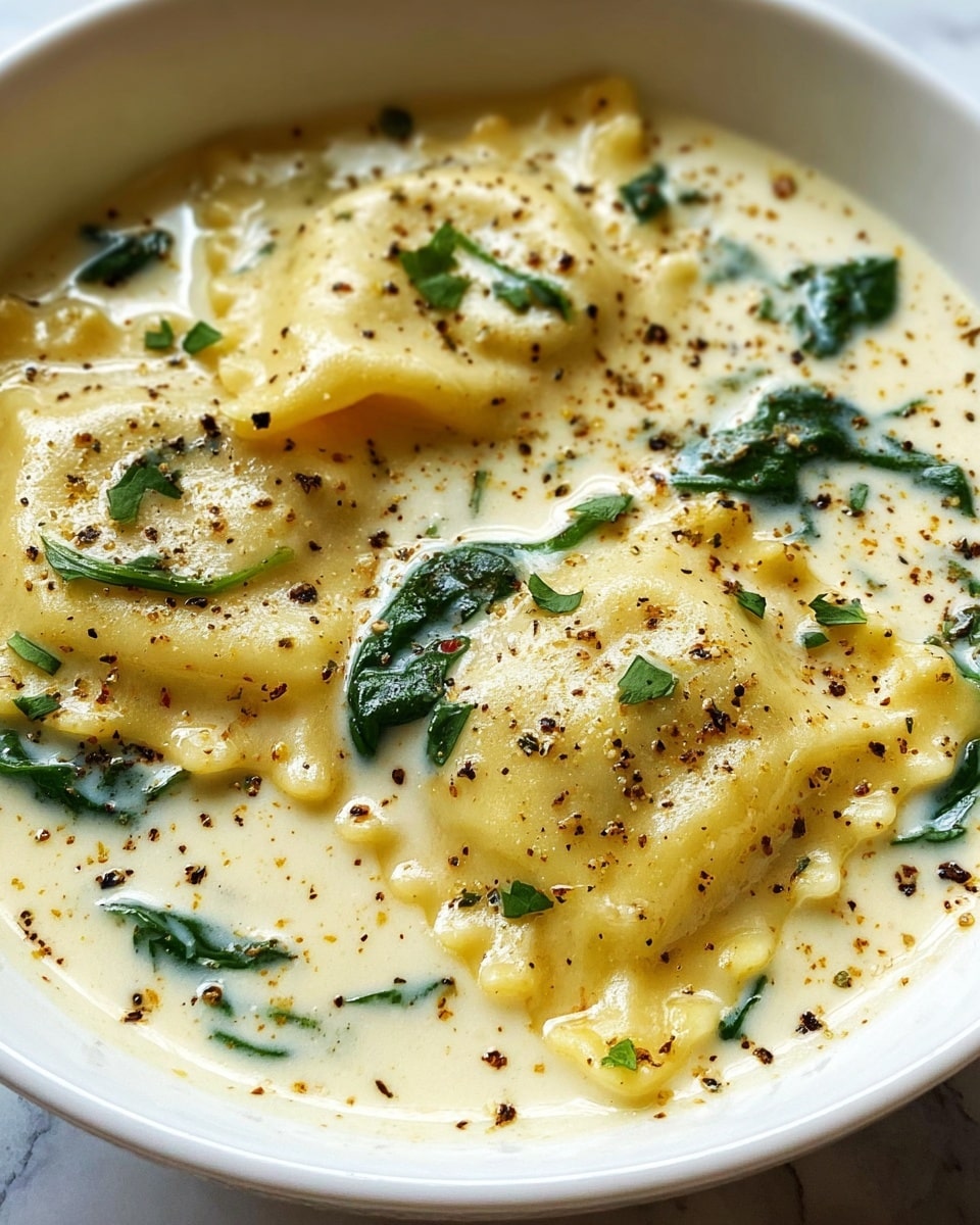 The image shows a close-up of two large ravioli pieces submerged in a creamy white sauce with a smooth and slightly thick texture. The ravioli are pale yellow with a soft, slightly wrinkled surface, and some edges are slightly raised above the sauce. Scattered on top and throughout the sauce are small pieces of cooked green spinach, adding a pop of color and texture. The dish is sprinkled with finely ground black pepper that creates small dark spots on the sauce. The bowl holding the dish is white, and the background is a white marbled texture. Photo taken with an iphone --ar 4:5 --v 7