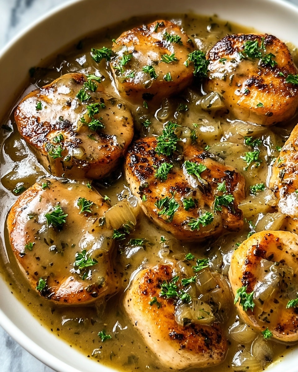 A close-up view of a white bowl filled with several golden-brown seared chicken medallions arranged in one layer, partially covered with a glossy, thick light brown gravy that has visible bits of translucent cooked onions and small green herb pieces. The dish is garnished with fresh green parsley sprinkled evenly on top, contrasting with the smooth texture of the sauce and the slightly charred texture of the chicken rounds. The bowl is placed on a white marbled surface photo taken with an iphone --ar 4:5 --v 7