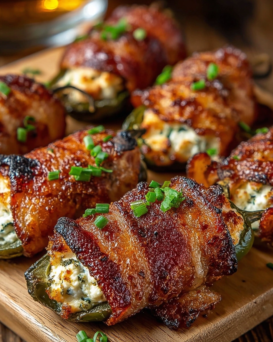 The image shows several bacon-wrapped jalapeño poppers arranged closely on a light brown wooden board. Each popper has a bright green jalapeño pepper base filled with a creamy white cheese mixture flecked with green herbs. The bacon wrapping is dark golden brown with a crispy, textured surface, and bits of grill marks add a rustic look. Small green chopped chives are sprinkled on top for color contrast. The background is blurred but has a warm, cozy feel with soft lighting highlighting the poppers' shiny and crispy texture. photo taken with an iphone --ar 4:5 --v 7