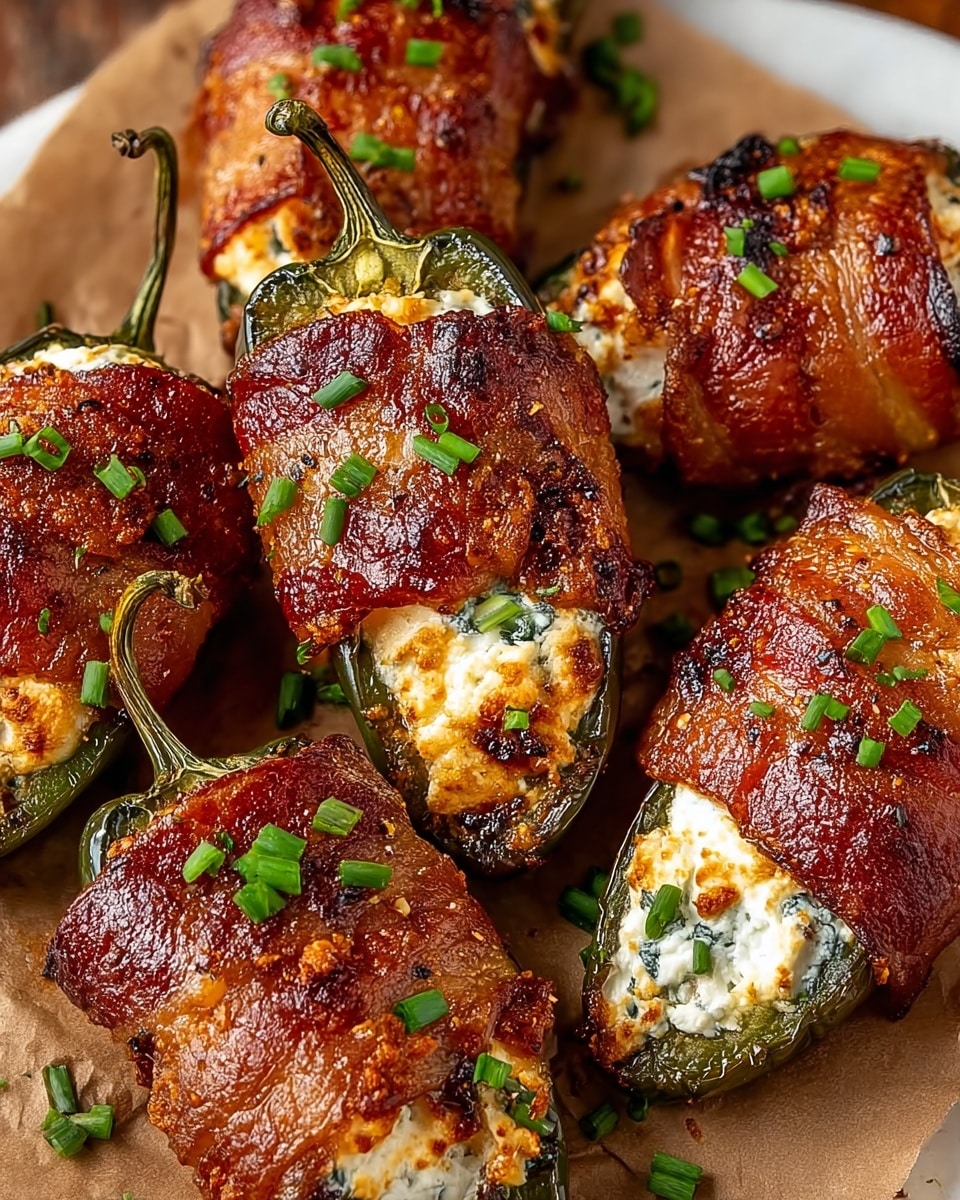 The image shows several stuffed jalapeño peppers wrapped in crispy, browned bacon and placed next to each other on a piece of brown parchment paper over a white marbled surface. Each pepper is cut in half lengthwise, revealing a creamy white cheese filling mixed with green herbs inside. The bacon wrapping has a shiny, caramelized texture with small charred spots indicating it is well cooked. Bright green chopped chives are sprinkled on top for garnish, adding a fresh contrast to the rich colors of the bacon and cheese. photo taken with an iphone --ar 4:5 --v 7