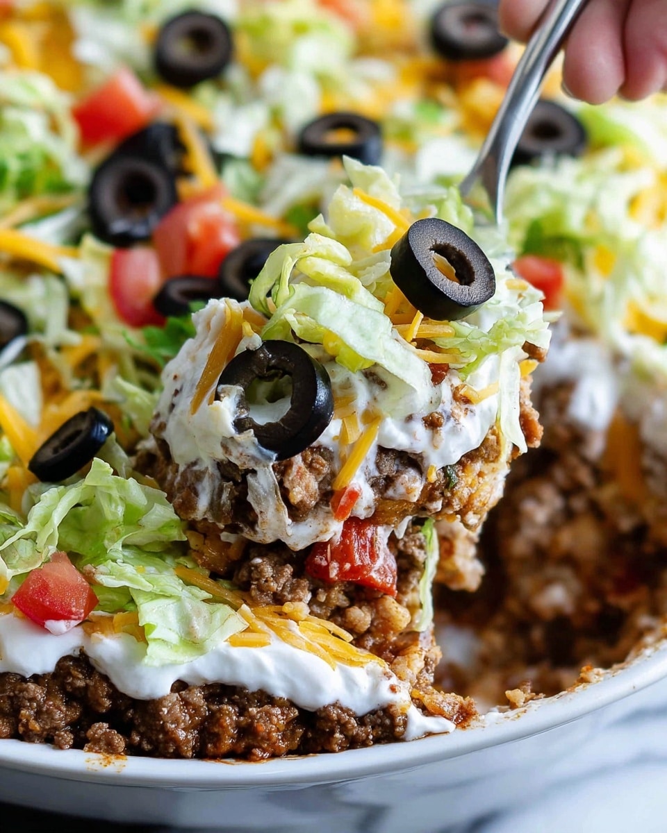 A close-up shot shows a layered taco dip served in a white bowl on a white marbled surface. The bottom layer is a crumbly, cooked ground beef mixed with small bits of red bell pepper, creating a brown and red textured base. Above that is a smooth, creamy white layer likely sour cream, spread unevenly over the beef. Thin, shredded cheese in shades of white and yellow is sprinkled on top of the cream. Crispy, light green iceberg lettuce pieces cover parts of the dip, adding freshness and crunch. Several black olive slices are scattered on top, giving a dark contrast with their smooth, round shapes. A woman's hand is holding a spoon, scooping a generous portion of the dip, showing all the colorful layers together. Photo taken with an iphone --ar 4:5 --v 7