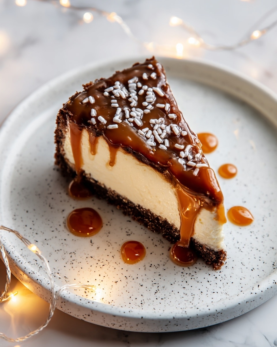 A single slice of cheesecake sits on a white speckled plate on a white marbled surface with soft glowing string lights around. The cheesecake has three clear layers: a thick, dark brown crumbly crust at the bottom; a thick, creamy off-white middle layer; and a glossy caramel sauce layer on top, dripping slightly over the edge with small white sprinkles scattered across. There are extra caramel drizzles on the plate around the cheesecake slice. Photo taken with an iphone --ar 4:5 --v 7
