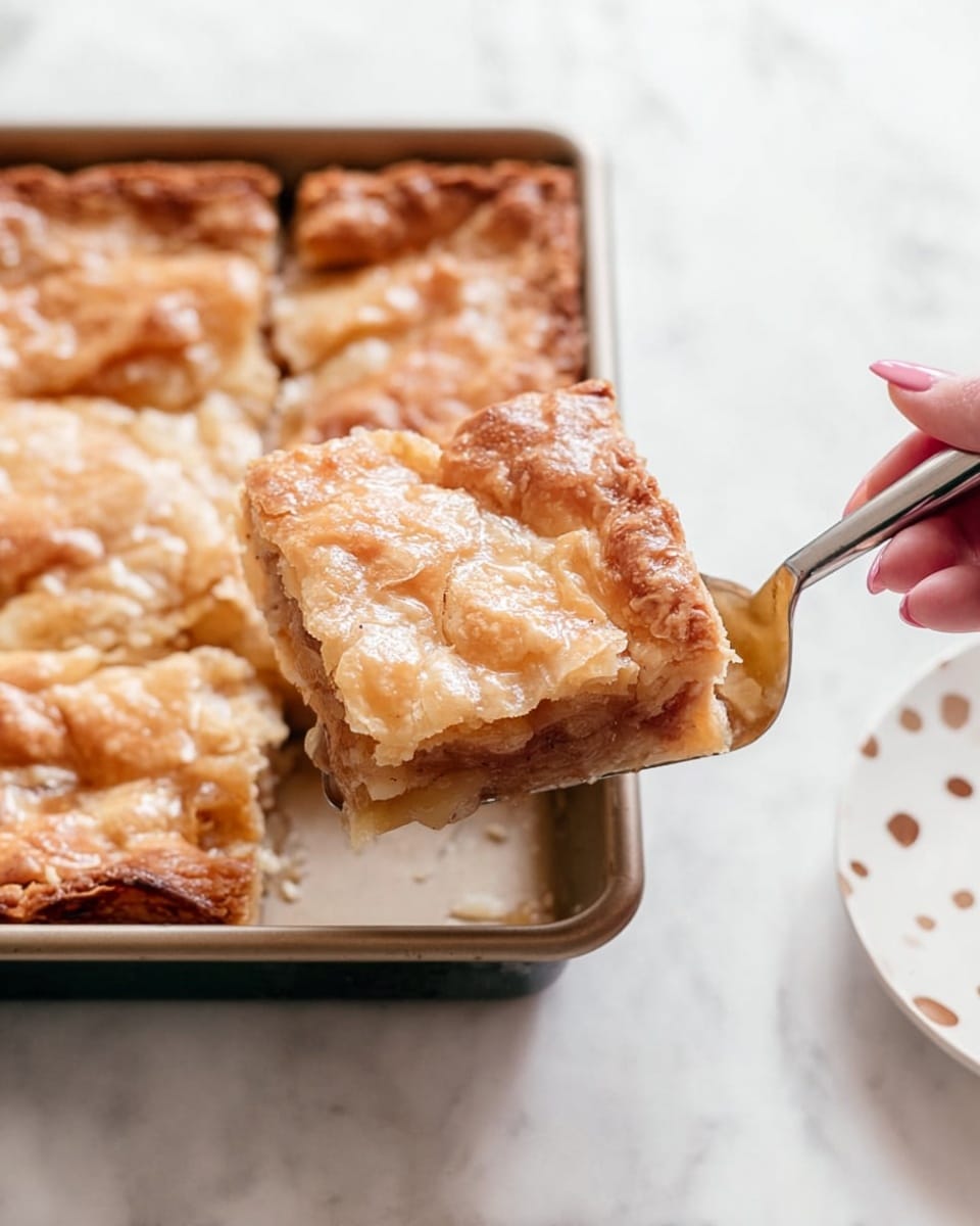 A close-up image shows a square piece of pie being lifted by a woman's hand using a shiny pie server. The pie has two visible layers: a golden-brown, flaky top crust with a rough, crumpled texture, and a soft, slightly translucent filling that appears light brown, peeking through the middle layer. The pie is in a metal baking tray with slightly rounded edges, and the tray sits on a white marbled surface. In the bottom right corner, part of a white plate with small brown dots is visible. Photo taken with an iphone --ar 4:5 --v 7