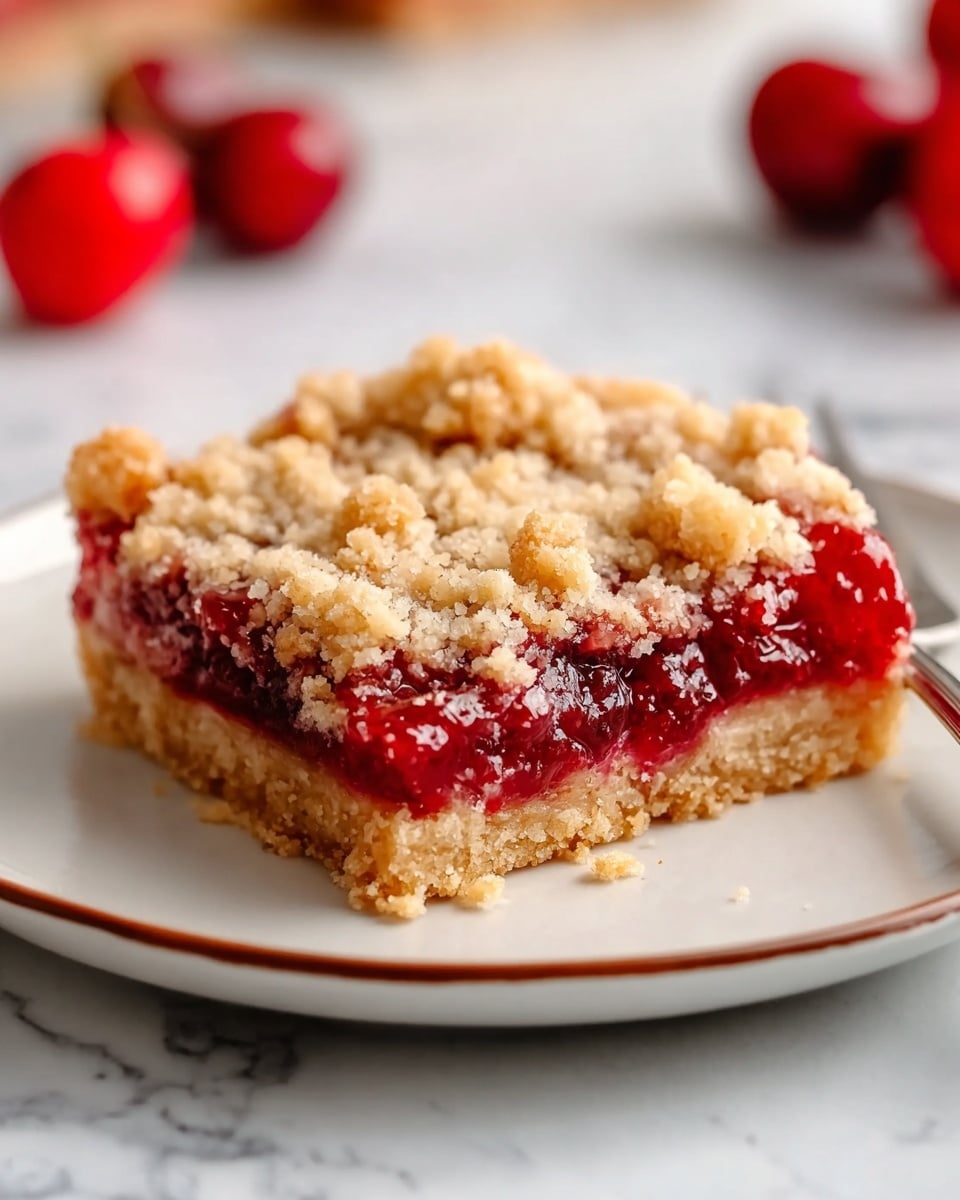 A crumb bar dessert with three clear layers is shown on a white plate with a thin brown rim. The bottom layer is a light golden brown crust that looks firm and slightly crumbly. In the middle, there is a thick, glossy red fruit filling that appears juicy with bits of fruit visible. On top, there is a thick crumbly layer with small golden brown chunks scattered unevenly, creating a rough texture. The plate is on a white marbled surface, and a silver fork is partly visible at the plate’s edge. In the background, there are blurred red fruits adding pops of color. Photo taken with an iphone --ar 4:5 --v 7