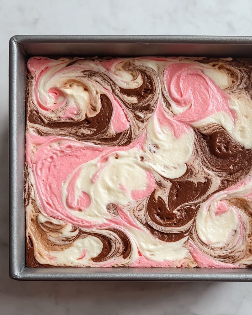 The image shows a close-up of a square cake in a gray baking pan. The cake has a swirl pattern on top with three main colors: light pink, white, and chocolate brown. The pink and brown swirl is soft and creamy, mixed unevenly in several spots, while the white parts appear fluffy and smooth, filling the spaces between the swirls. The texture looks light and whipped, with peaks and valleys of each color blending naturally together. The background surface is a white marbled texture. photo taken with an iphone --ar 4:5 --v 7