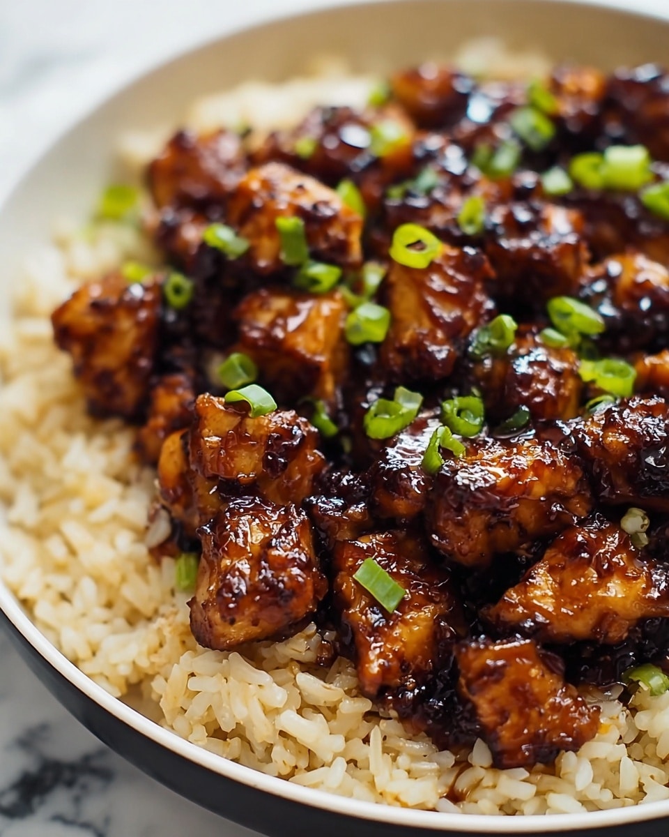 A close-up of a bowl with two layers: the bottom layer is light brown cooked rice with a soft, slightly sticky texture, and the top layer is glossy, dark brown glazed chicken pieces, small and uneven in shape with some charred edges, sprinkled with small green chopped scallions. The bowl is white, and the background shows a white marbled texture. Photo taken with an iphone --ar 4:5 --v 7
