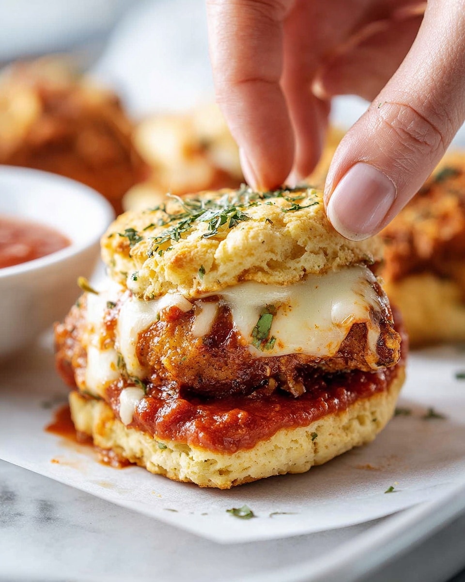 A close-up of a small sandwich held by a woman's hand with fingers pressing gently on the top layer. The sandwich has three layers: a golden-brown biscuit top sprinkled with green herbs, a middle layer of melted white cheese slightly oozing over a crispy, brown fried chicken patty, and the bottom biscuit also dotted with herbs. There is a thick red marinara sauce beneath the chicken, visible around the edges. The sandwich rests on white baking paper on a white marbled surface with another biscuit sandwich and a white bowl with red sauce blurred in the background. Photo taken with an iphone --ar 4:5 --v 7
