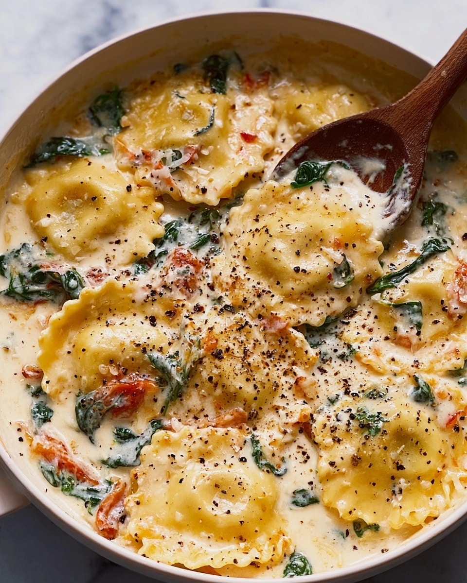 The image shows a close-up of ravioli pasta in a creamy sauce with visible layers of sauce and toppings. The first layer is the ravioli, light yellow with a slightly ruffled edge, scattered evenly across the dish. The second layer is a creamy white sauce with a smooth texture, coating the ravioli. There are bits of orange tomato pieces and dark green spinach leaves mixed throughout the sauce, adding color contrast. On top, there is a sprinkling of freshly ground black pepper, adding a speckled black texture across the dish. A wooden spoon is placed on the top right, partially dipped in the sauce. The dish is served in a white bowl against a white marbled surface. Photo taken with an iphone --ar 4:5 --v 7