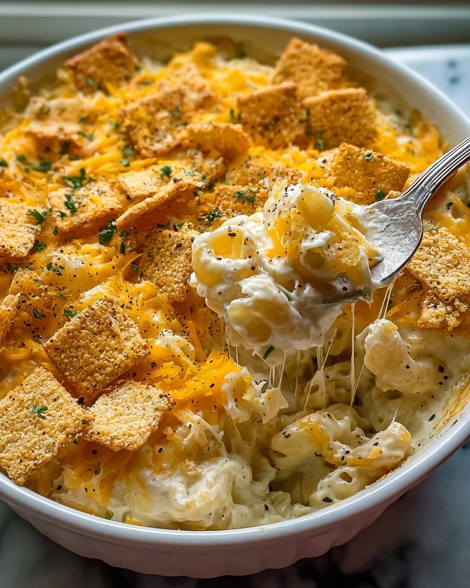 A close-up view of a creamy baked macaroni and cheese dish in a white round ceramic baking dish. The dish has a top layer made of crunchy square crackers broken into pieces, golden shredded cheddar cheese sprinkled evenly, and small bits of green herbs and black pepper scattered on top. The inside shows soft, cooked elbow macaroni coated in a thick, smooth, white cheese sauce, with some macaroni and cheese being lifted by a fork. The dish is on a white marbled surface with natural light coming from the side. Photo taken with an iphone --ar 4:5 --v 7