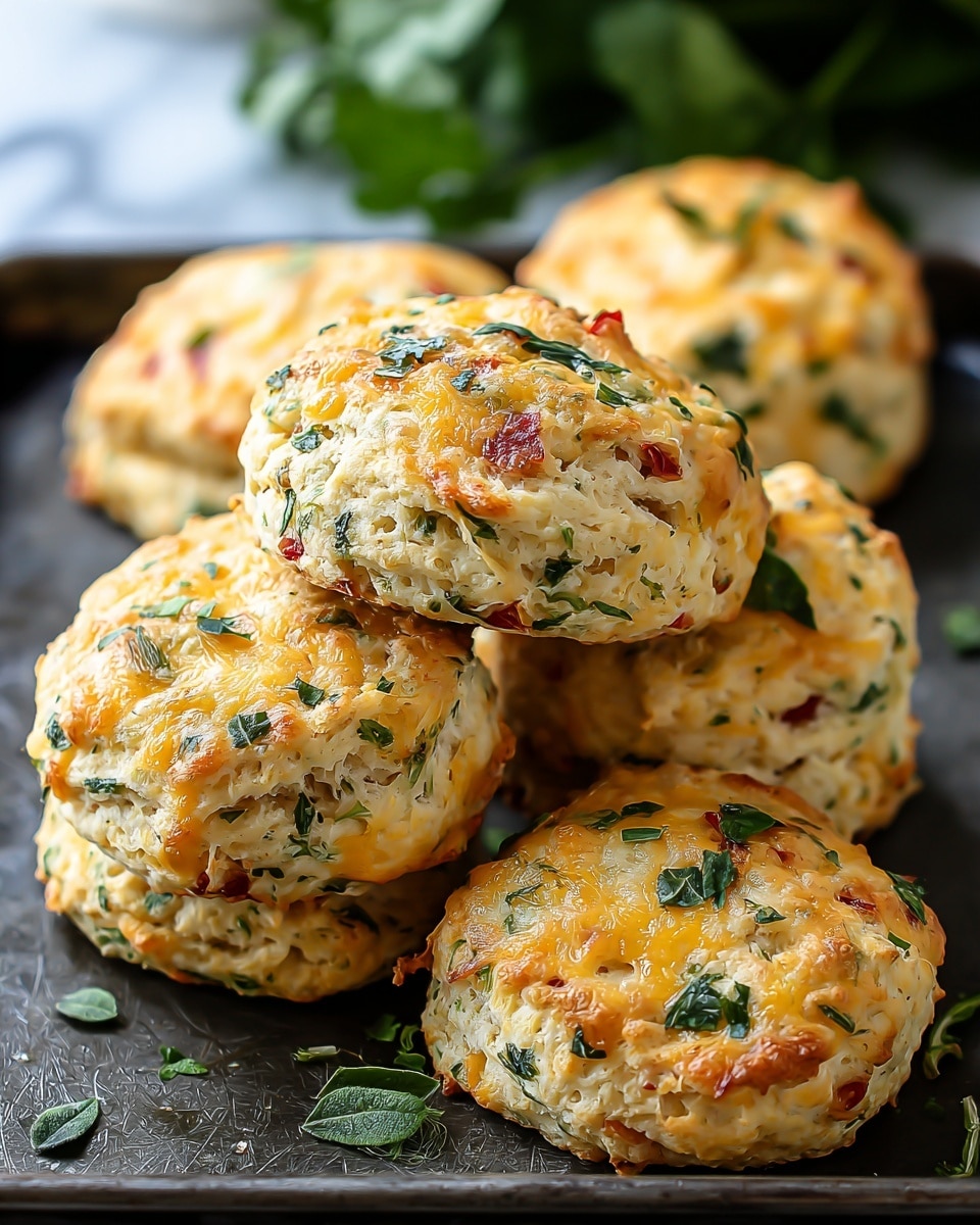 The image shows a close-up of six savory cheese and herb biscuits stacked on a dark baking tray. Each biscuit has a golden-brown baked top layer with melted cheese, flecks of green herbs, and small bits of reddish ingredients visible inside. The biscuits have a rough, soft texture with some scattered green herbs on and around them on the tray. The background features a blurred hint of green leaves and a white marbled surface under the tray. photo taken with an iphone --ar 4:5 --v 7
