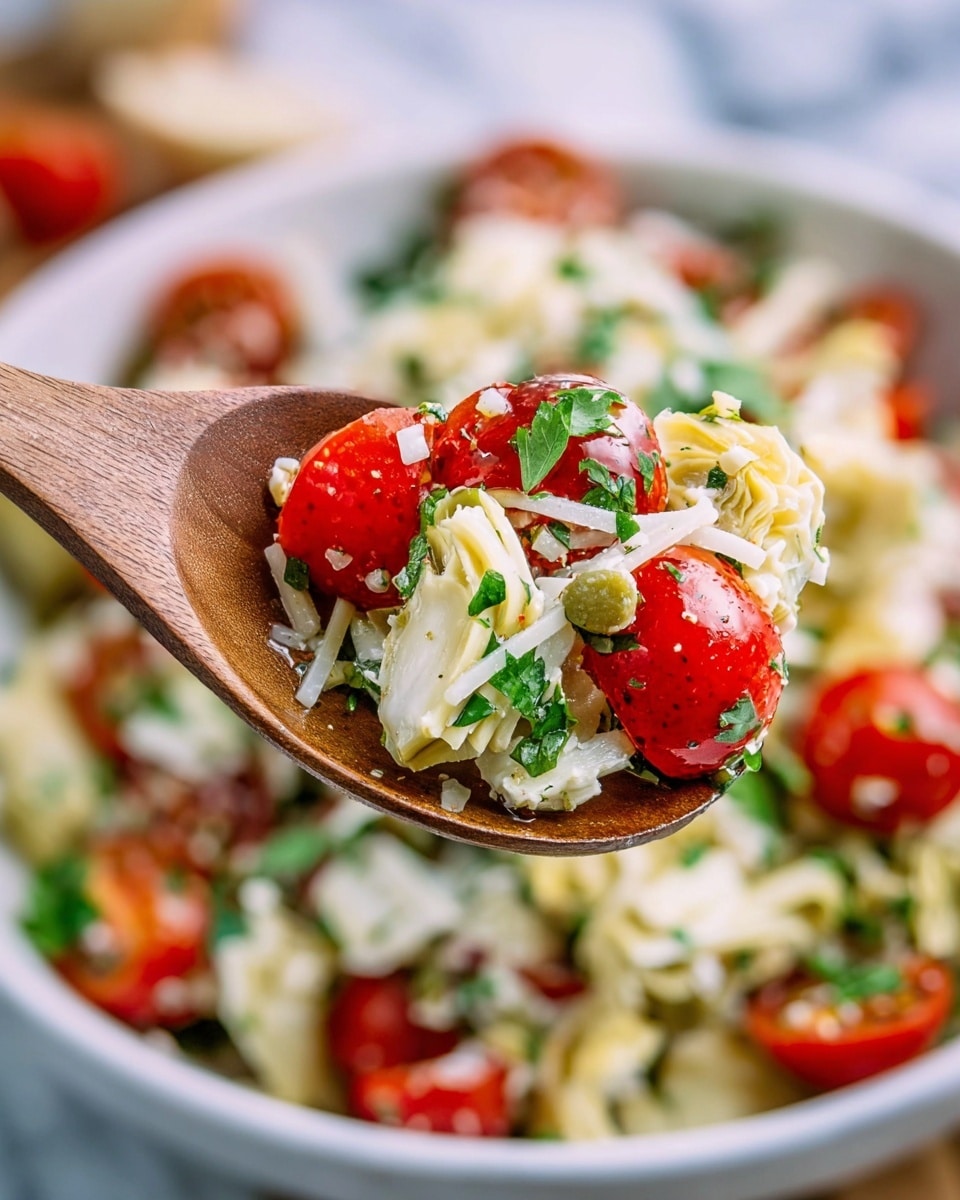 The image shows a close-up of a wooden spoon holding a mixture of small, bright red cherry tomato halves, shredded white cheese, light green artichoke pieces, and green herbs, all tossed together. There are also small green capers and fresh green cilantro leaves adding to the colorful mix. The background features a blurred white bowl filled with the same salad, resting on a white marbled surface. The ingredients appear fresh and slightly glossy, suggesting a light dressing. Photo taken with an iphone --ar 4:5 --v 7