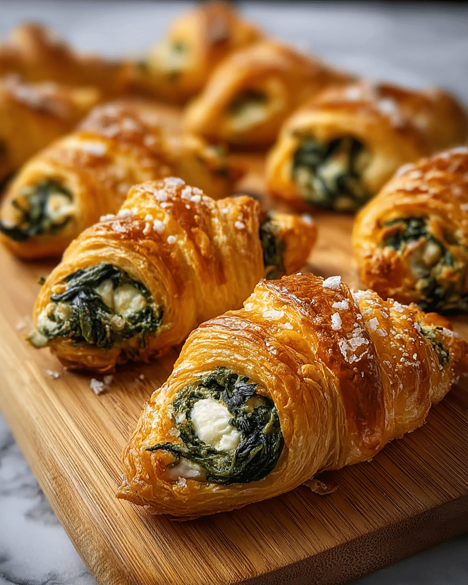 The image shows several golden-brown croissants arranged on a wooden board with a white marbled surface beneath. Each croissant has a shiny, crispy outer layer with a sprinkle of coarse salt on top. The croissants are cut open to reveal three main layers inside: a light, flaky layered pastry, a bright green spinach filling, and a creamy white cheese filling, all mixed together. The croissants are arranged in a slightly curved line, with the focus on the front piece, showing the detailed layers and textures clearly. Photo taken with an iphone --ar 4:5 --v 7