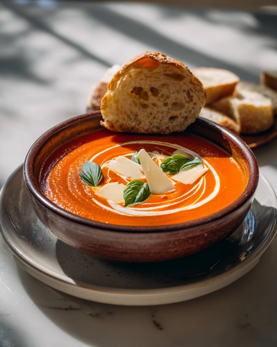 The image shows a bowl of thick, smooth orange-red soup with a swirl of white cream on top, forming a round pattern. In the center, there are small pieces of shaved pale yellow cheese and three fresh green basil leaves. The soup is served in a rustic brown bowl placed on a white plate. A piece of crusty bread with a golden-brown crust and soft, airy inside is perched on the edge of the bowl, with additional bread pieces on the plate. The scene is set on a white marbled surface with soft natural light casting gentle shadows. Photo taken with an iphone --ar 4:5 --v 7