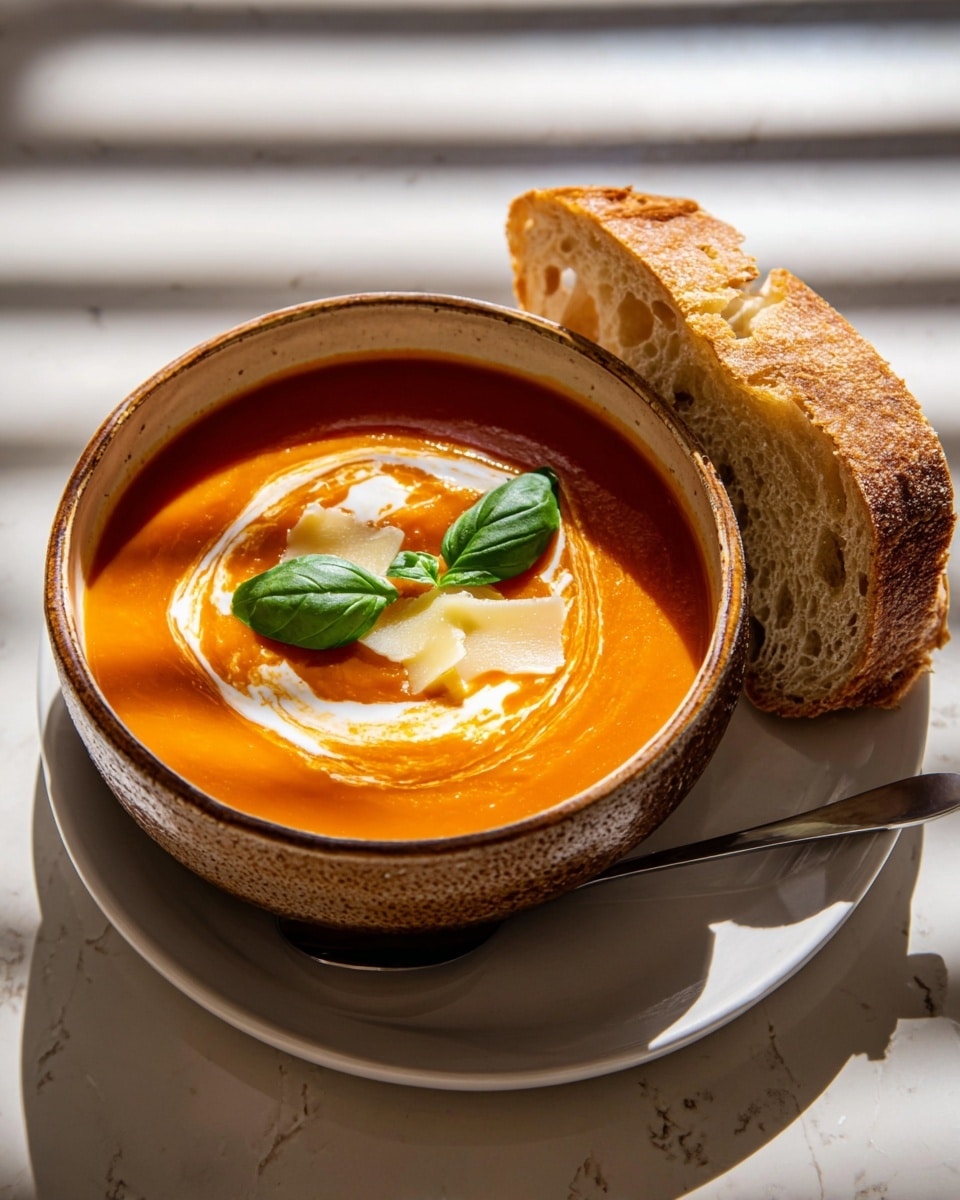 A rustic bowl holds smooth, thick orange tomato soup with a swirl of white cream on the surface creating a spiral pattern. On top of the cream, there are small, pale yellow cheese shavings and two fresh, dark green basil leaves placed as garnish. A slice of crusty bread with a golden brown, textured crust and airy inside rests on the right edge of the bowl. The bowl sits on a white plate, all placed on a surface with a white marbled texture. Sunlight casts striped shadows across the scene, giving it a warm, cozy feel. Photo taken with an iphone --ar 4:5 --v 7