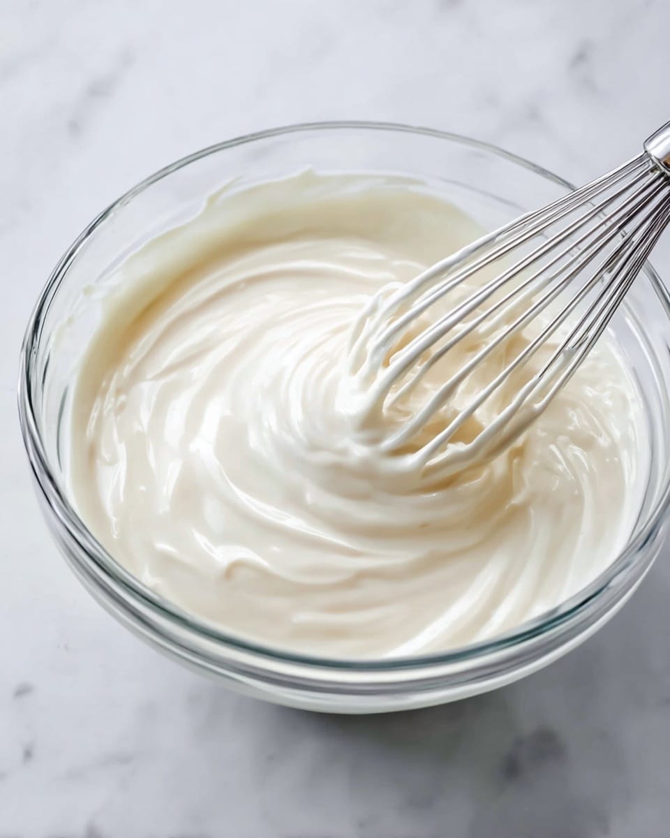 A clear glass bowl filled with a smooth, creamy white mixture being stirred by a shiny metal whisk with thin wires, creating gentle swirls and soft peaks in the mixture, all placed on a white marbled surface. The texture looks thick and silky, with a slight gloss from the light reflecting off its surface. Photo taken with an iphone --ar 4:5 --v 7