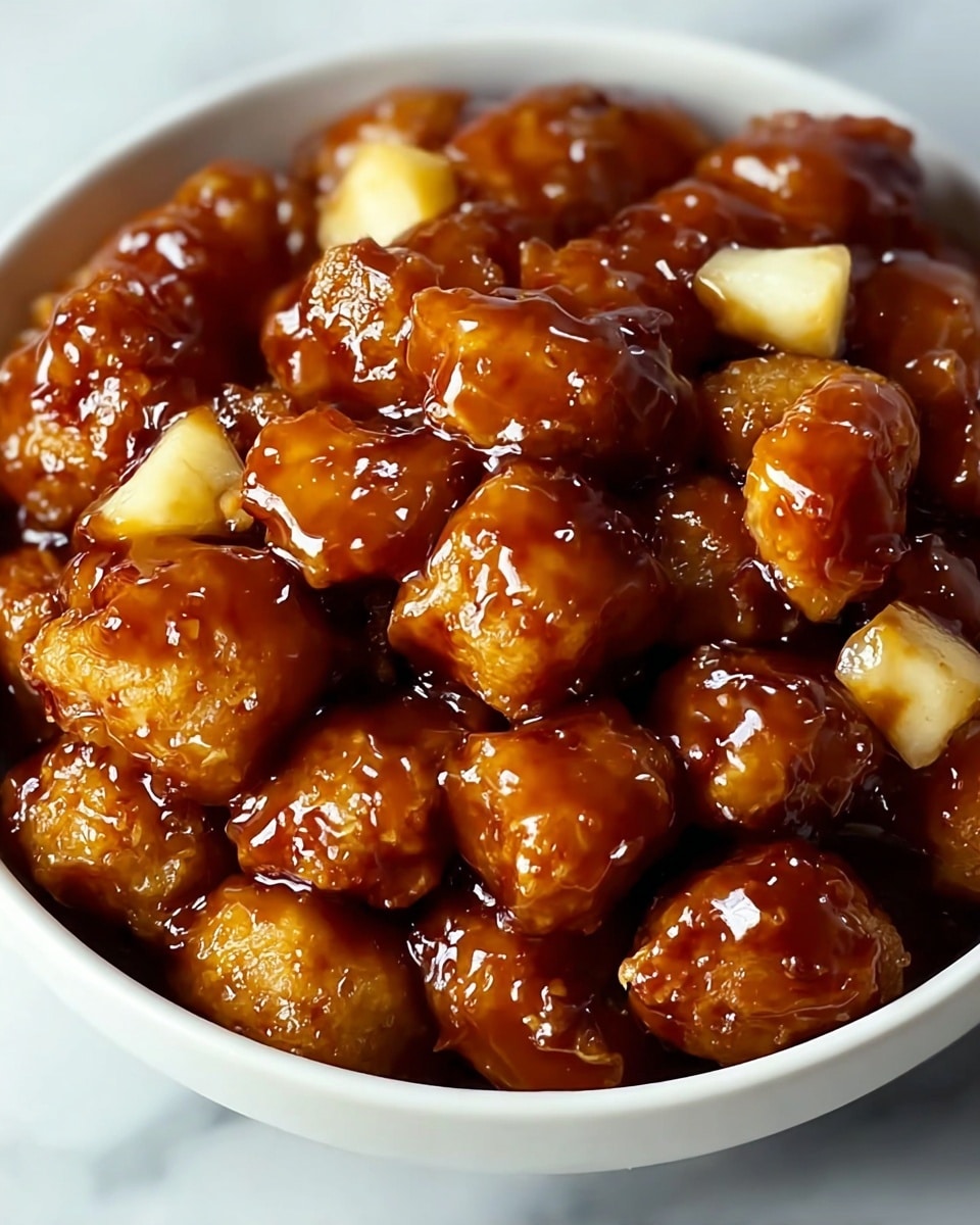 This close-up image shows a bowl filled with small, bite-sized pieces of food covered in a shiny, rich brown sauce. The dish has about one main layer, consisting of these golden-brown pieces that look crispy beneath the glossy coating. Scattered among the pieces are small, pale yellow cubes adding color contrast. The bowl is white, and the background has a white marbled texture, making the rich color of the sauce and food stand out clearly. photo taken with an iphone --ar 4:5 --v 7
