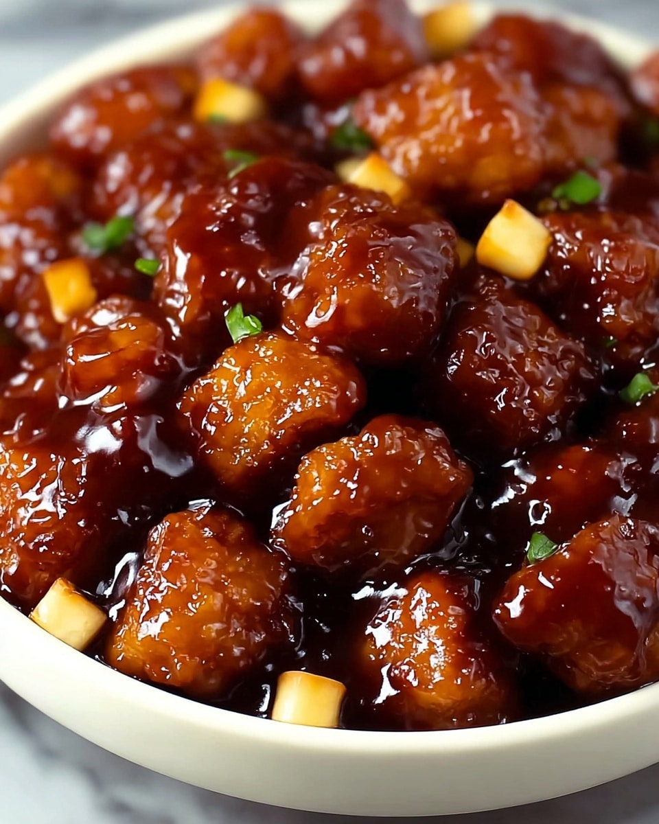 The image shows a close-up of small, golden-brown bite-sized pieces covered in a thick, shiny dark brown sauce. These pieces appear crispy on the outside with a sticky glaze giving them a glossy look. Scattered among the pieces are small, pale yellow cubes. The food is in a white bowl, placed on a white marbled surface. The focus is tight on the sauce-covered pieces, highlighting their glossy texture and rich color. photo taken with an iphone --ar 4:5 --v 7